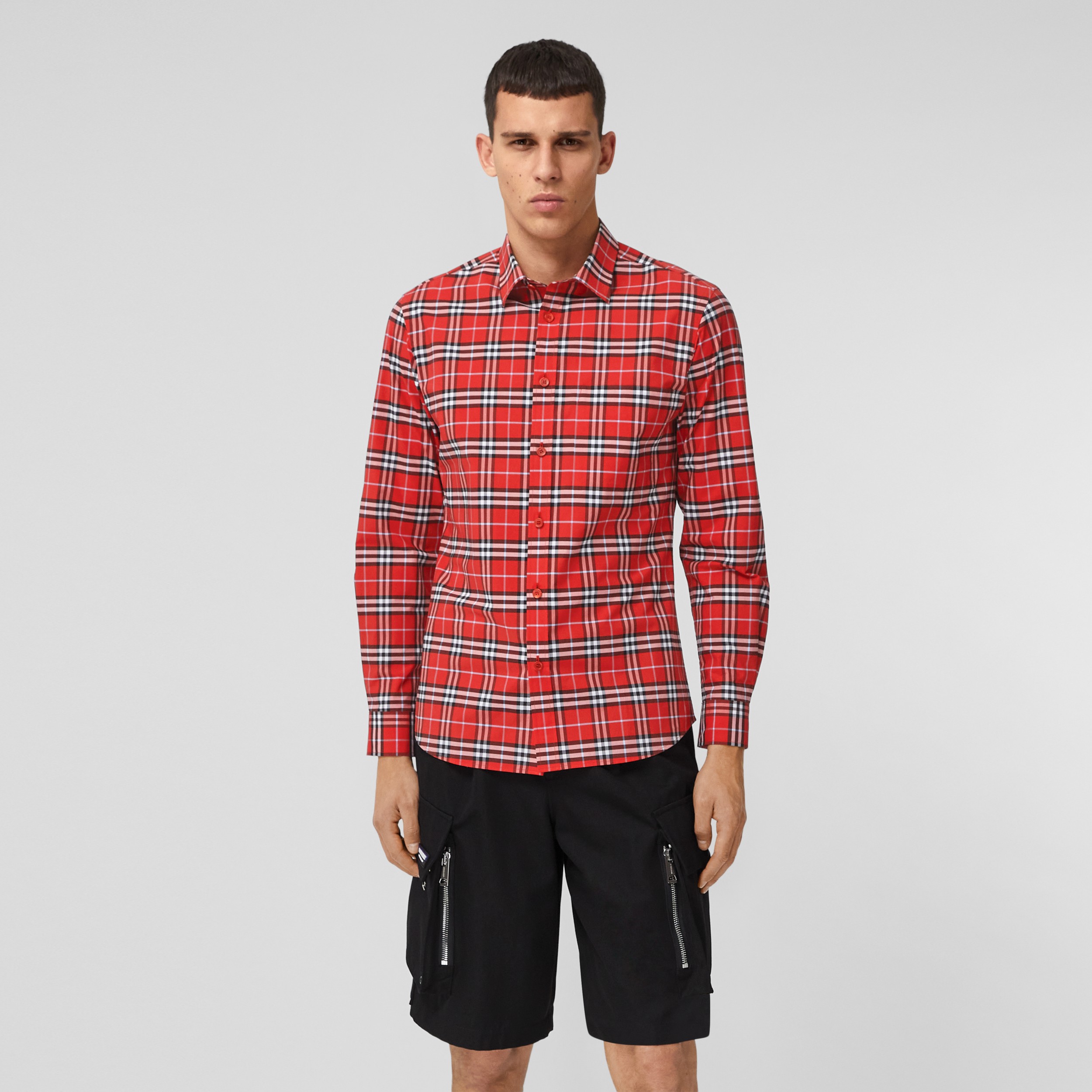 red and white small check shirt