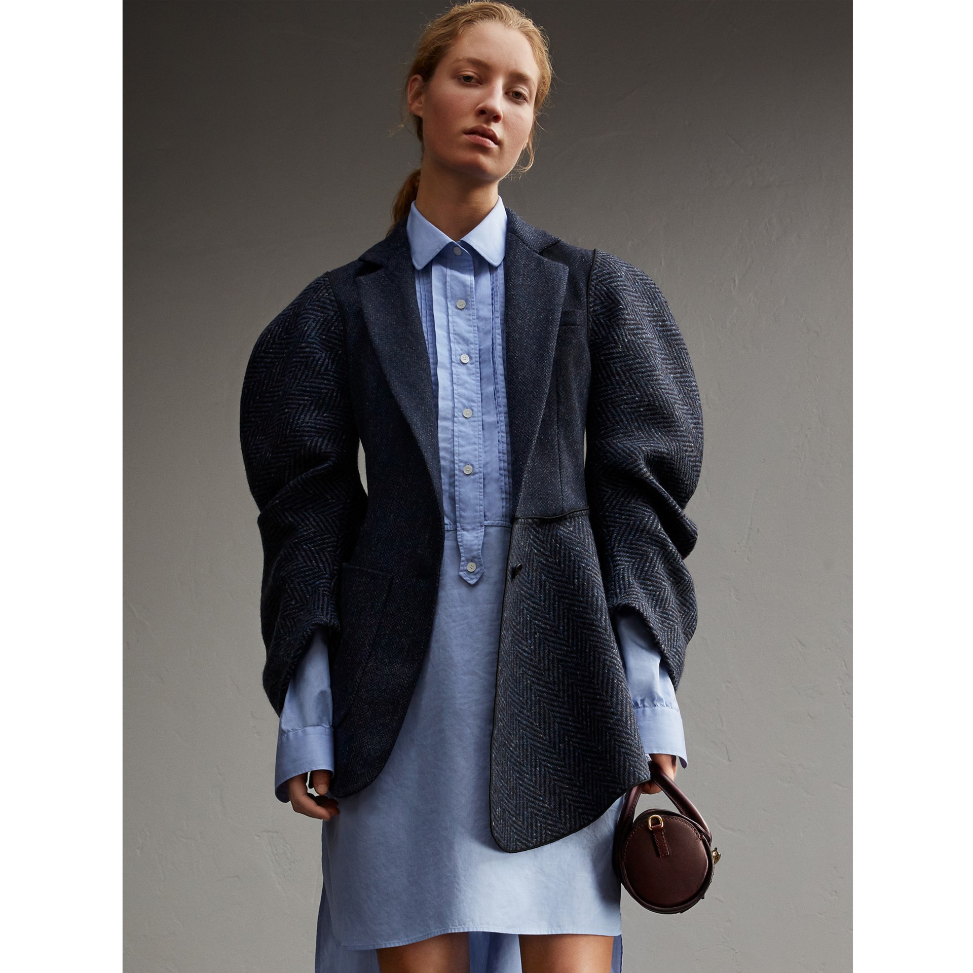 Voluminoussleeve Herringbone Wool Coat in Carbon Blue Women