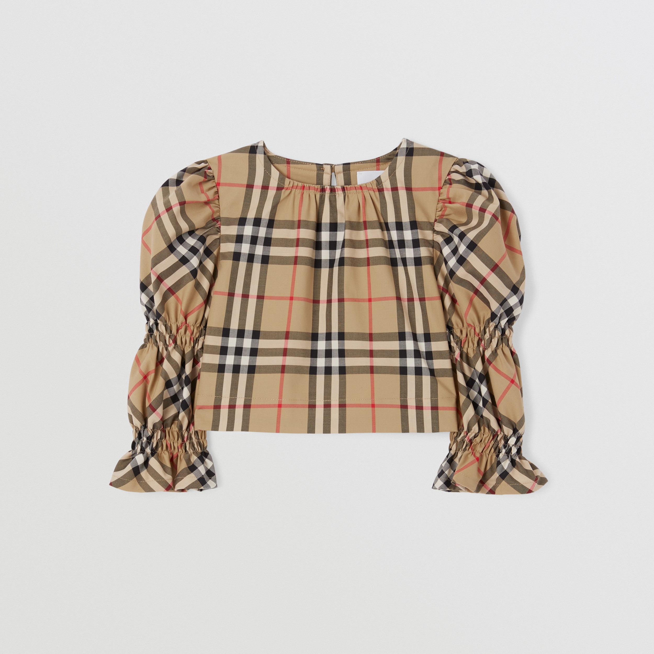 Puff-sleeve Vintage Check Stretch Cotton Blouse in Archive Beige - Children | Burberry® Official - 1