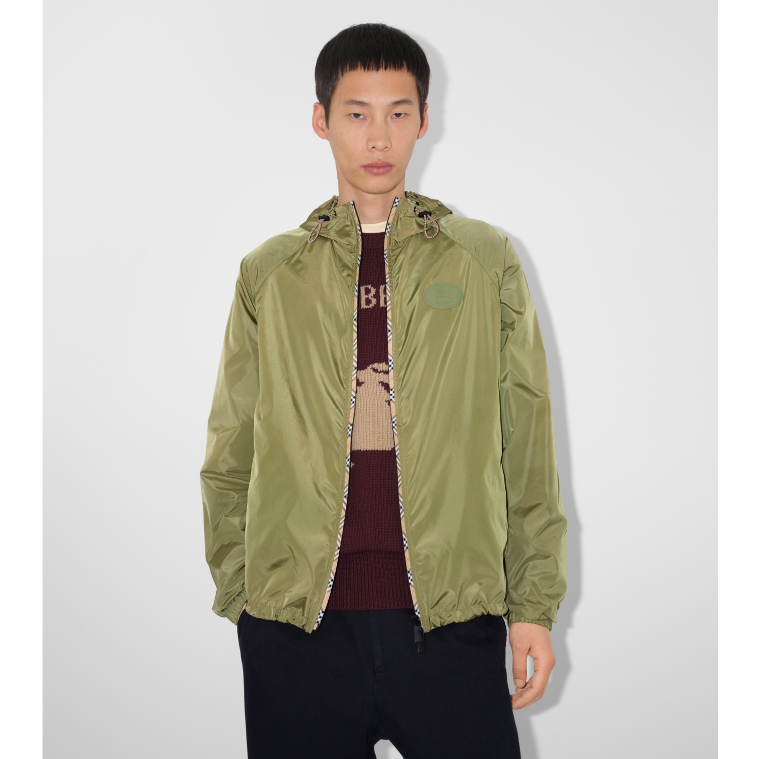 Check Trim Nylon Hooded Jacket