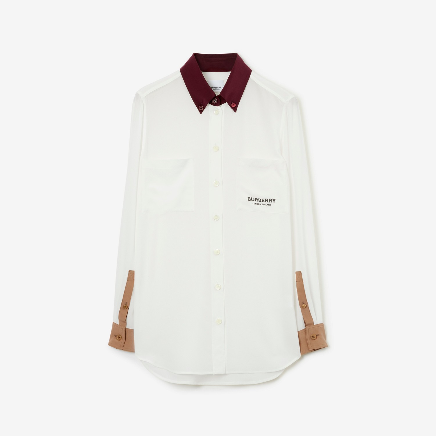Camisa de seda com detalhe contrastante (Branco Natural) - Mulheres | Burberry® oficial