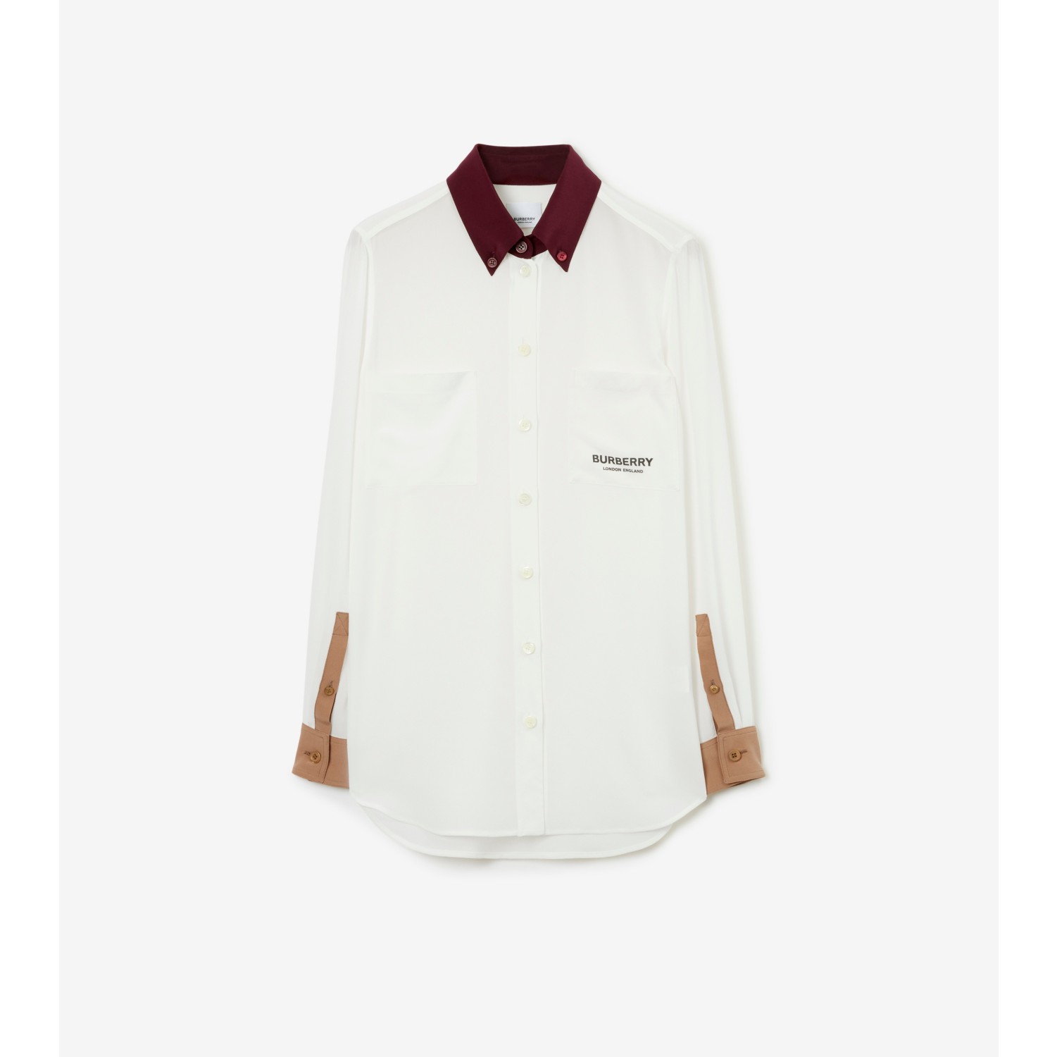 Contrast Trim Silk Shirt in Natural White Women Burberry Official