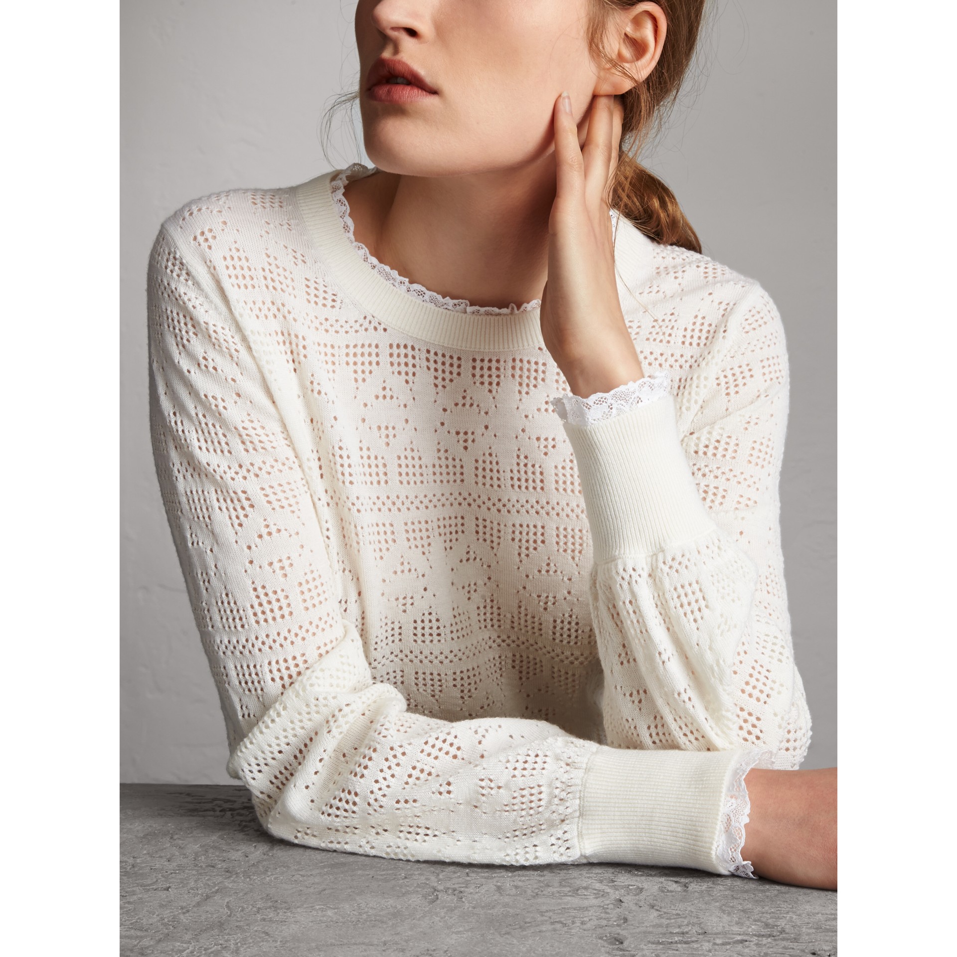 Lace Trim Pointelle Wool Cashmere Sweater in Natural White Women