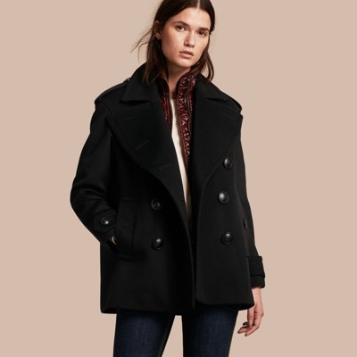 Wool Cashmere Pea Coat with Detachable Warmer in Black - Women ...