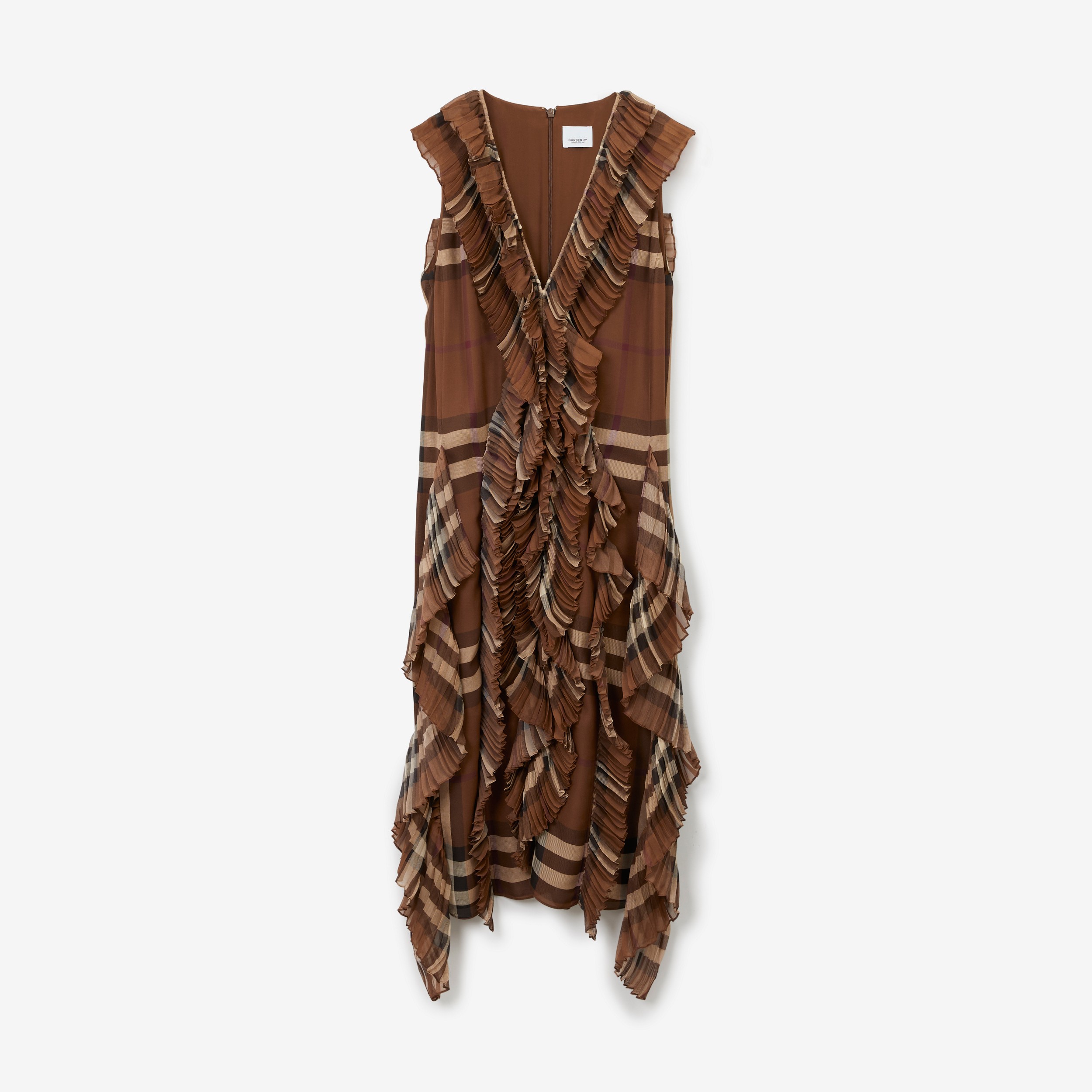 Pleated Ruffle Detail Check Silk Georgette Dress in Dark Birch Brown - Women | Burberry® Official - 1