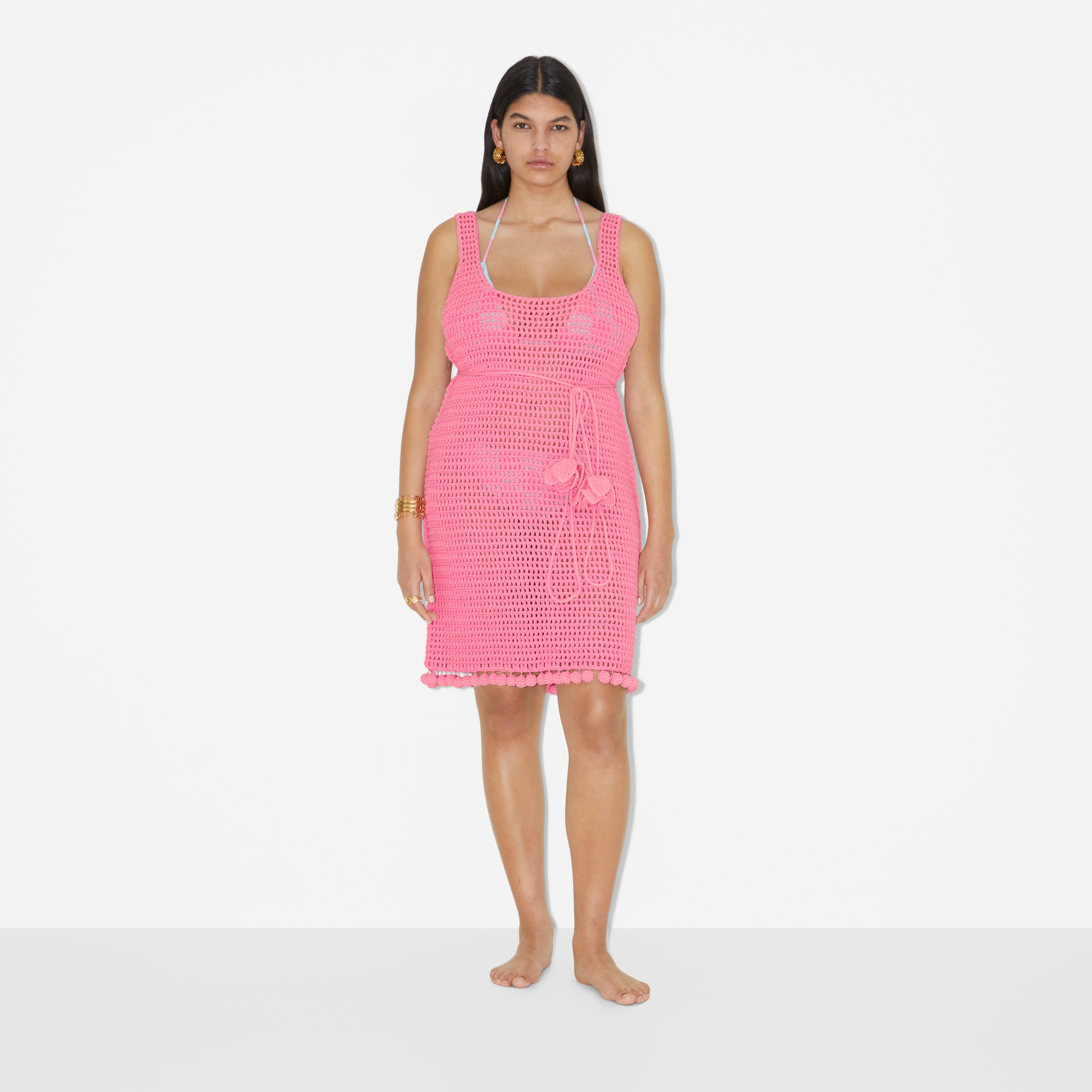 Crochet Technical Cotton Dress in Bubblegum Pink Women Burberry