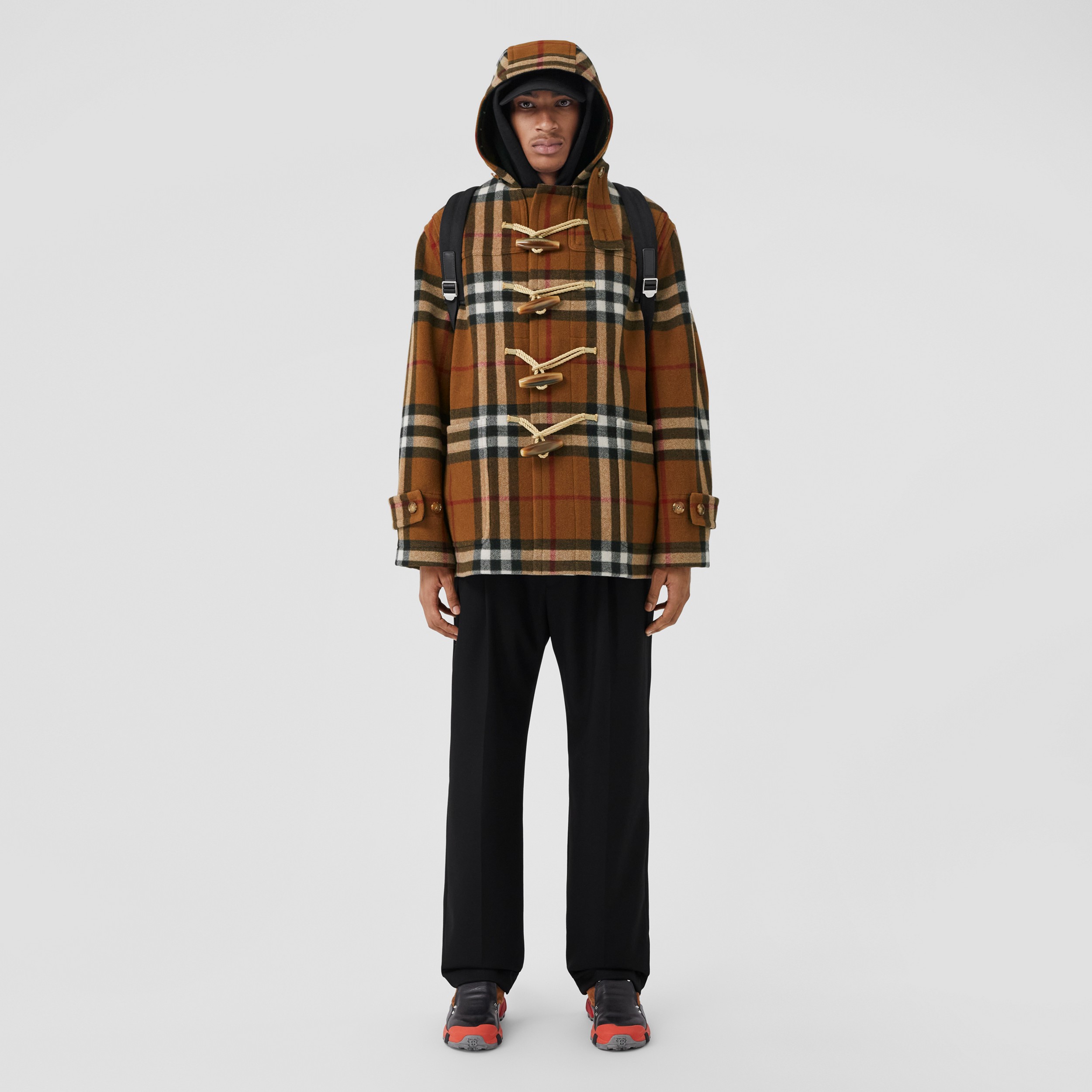 Check Technical Wool Oversized Duffle Coat in Birch Brown - Men | Burberry® Official - 1