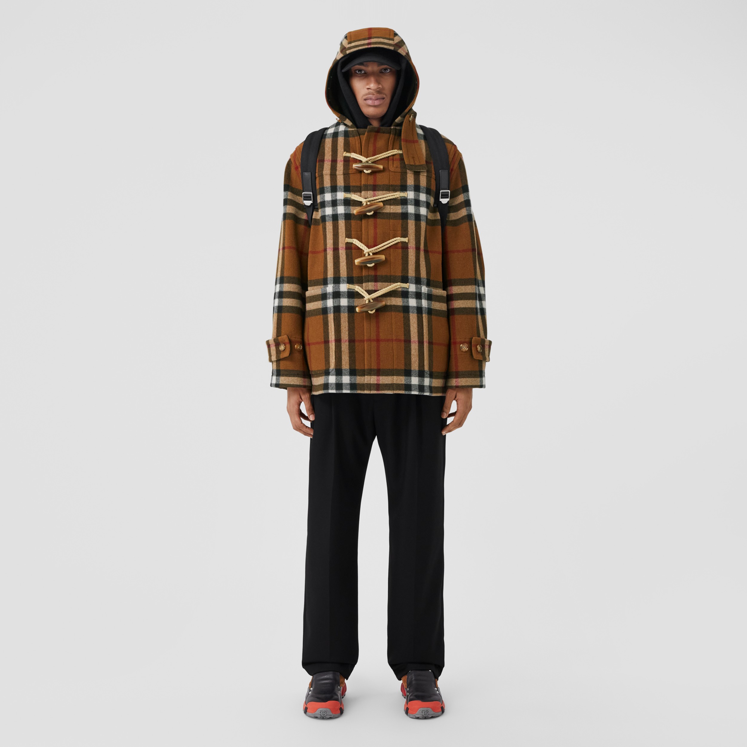 Check Technical Wool Oversized Duffle Coat in Birch Brown - Men