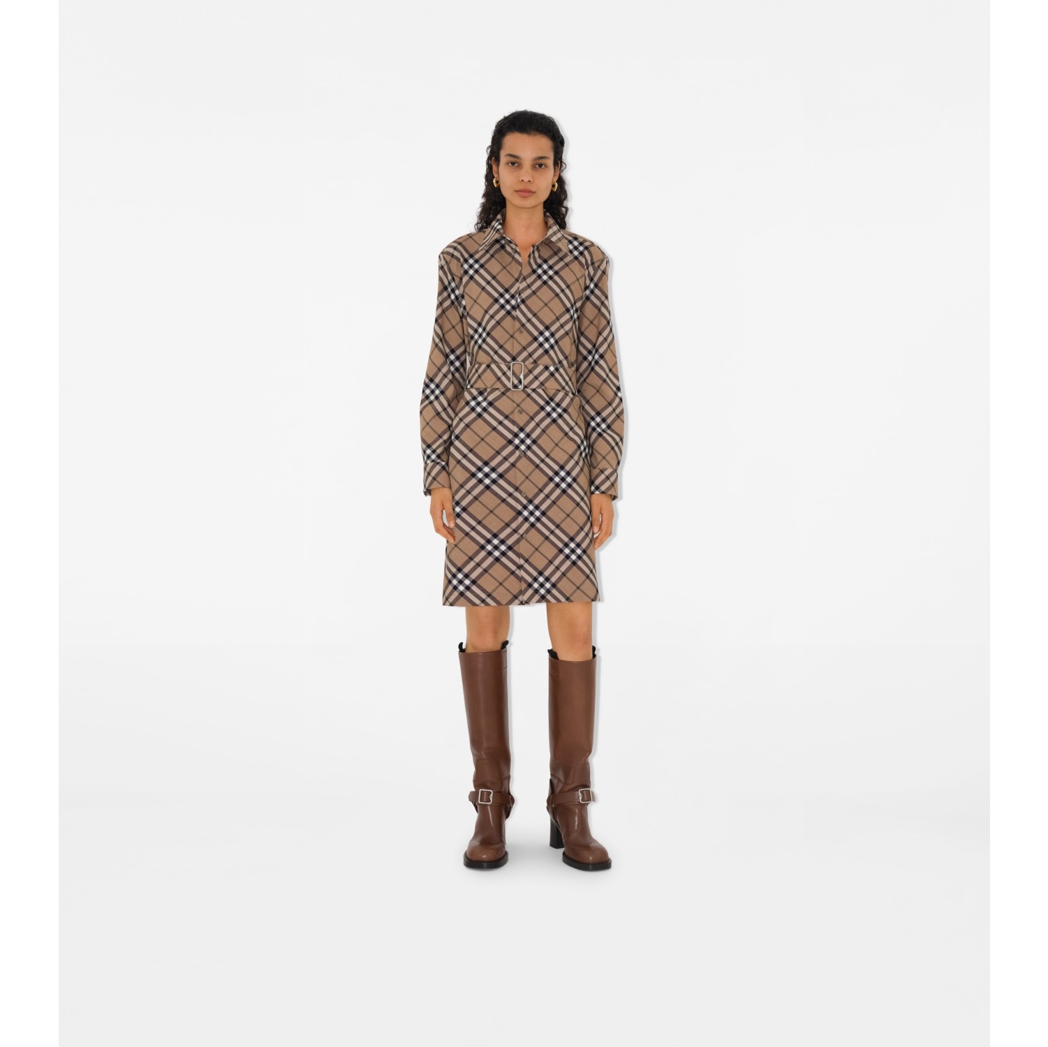 Check Wool Blend Shirt Dress