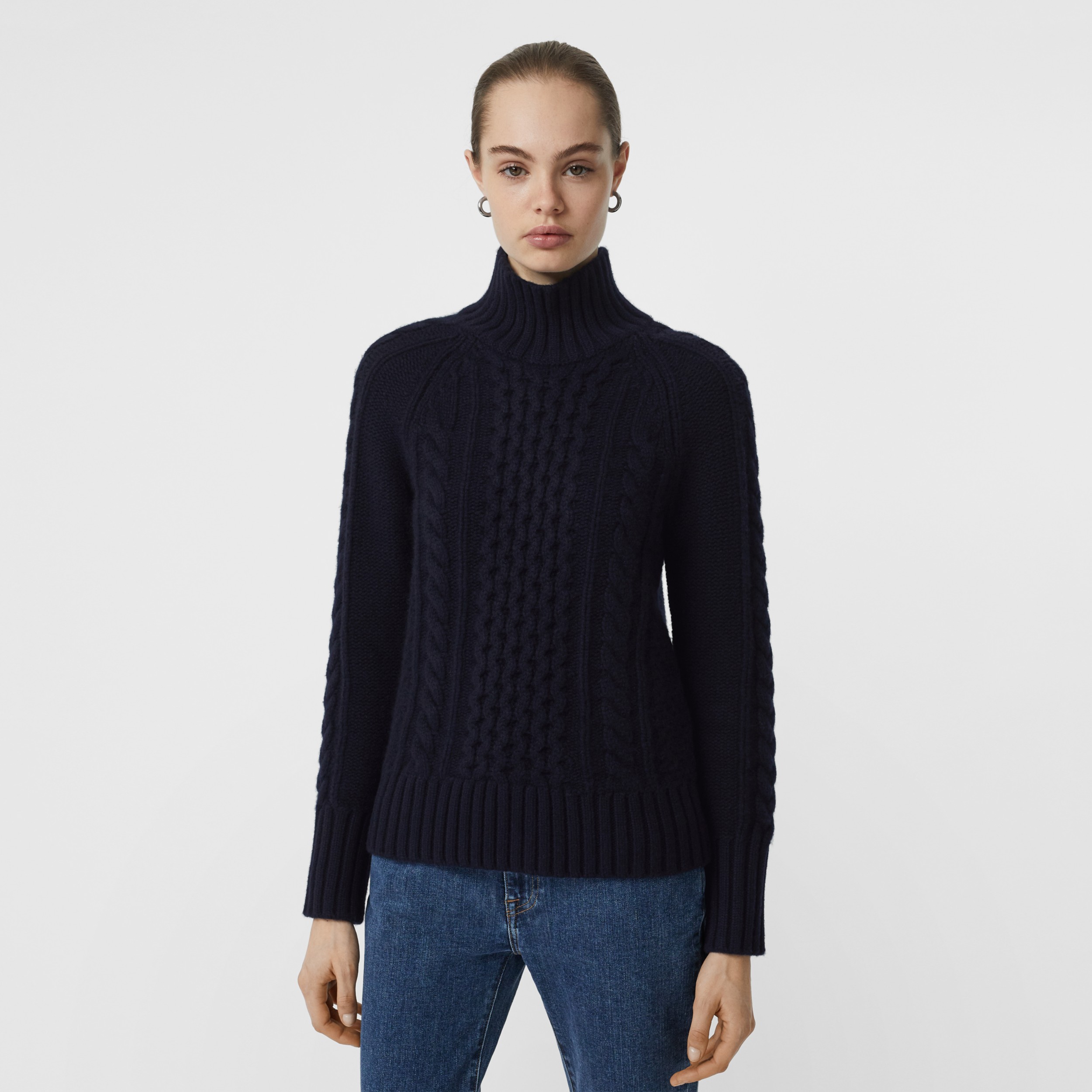 Cable Knit Cashmere Turtleneck Sweater in Navy - Women | Burberry ...