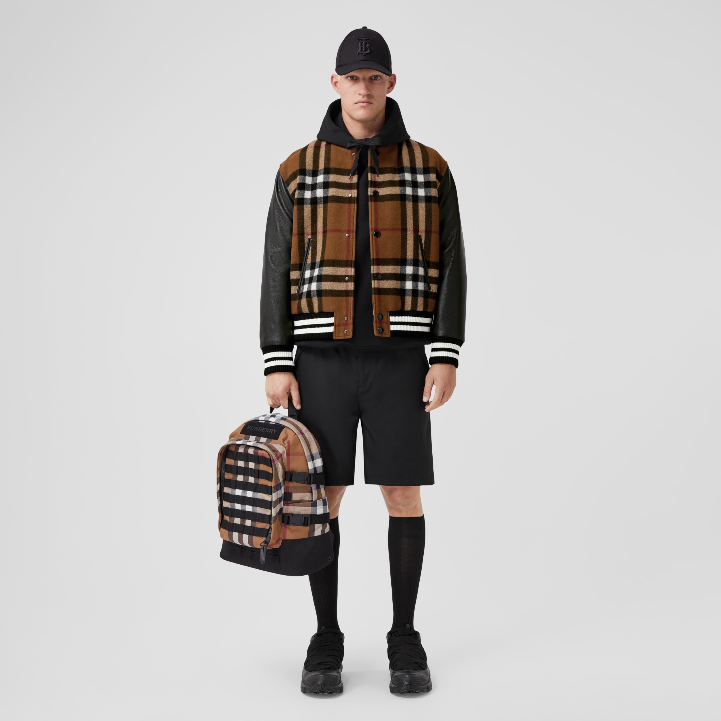 Check Technical Wool and Leather Bomber Jacket in Birch Brown - Men | Burberry® Official - 3