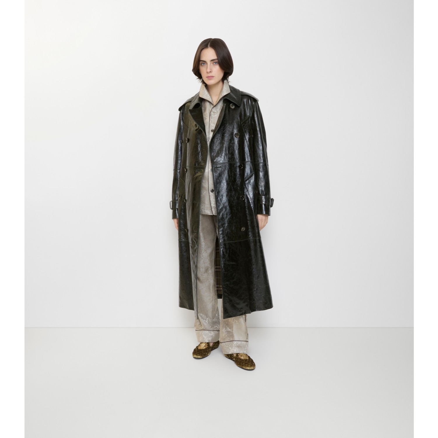 Long Embossed Leather Trench Coat in Moat green - Women | Burberry® Official