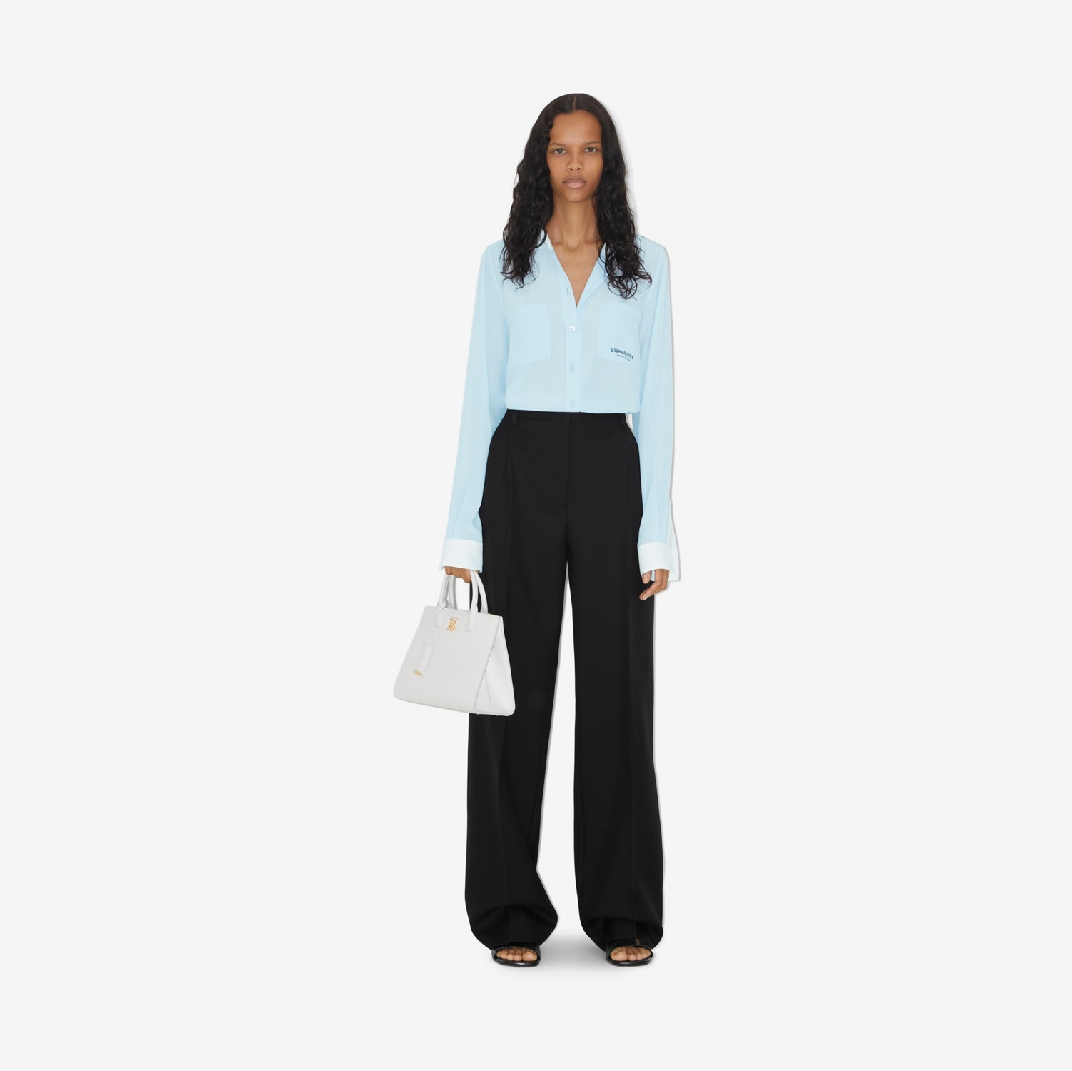 컨트라스트 트리밍 실크 셔츠 (페일 블루) - 여성 | Burberry®