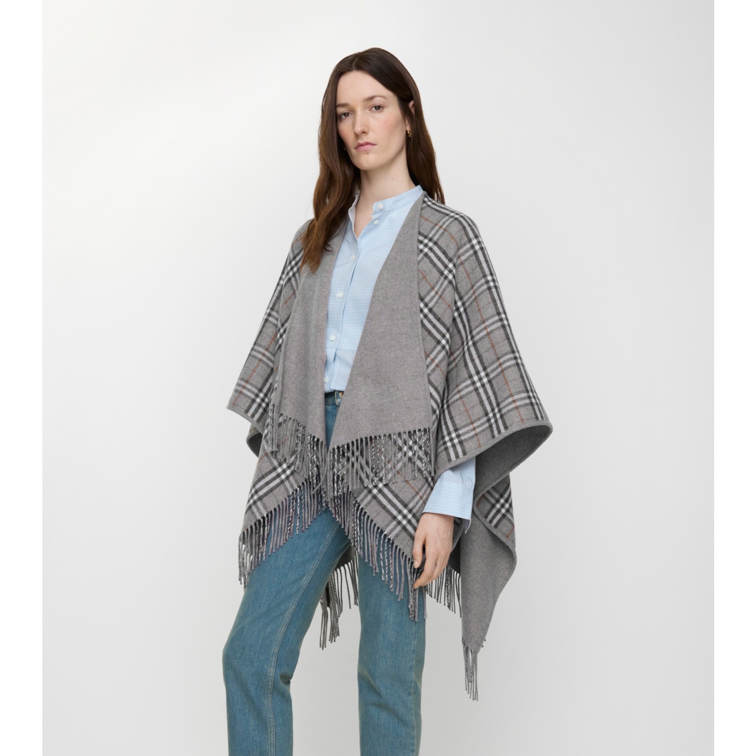 Reversible Check Wool Cape in Grey | Burberry® Official