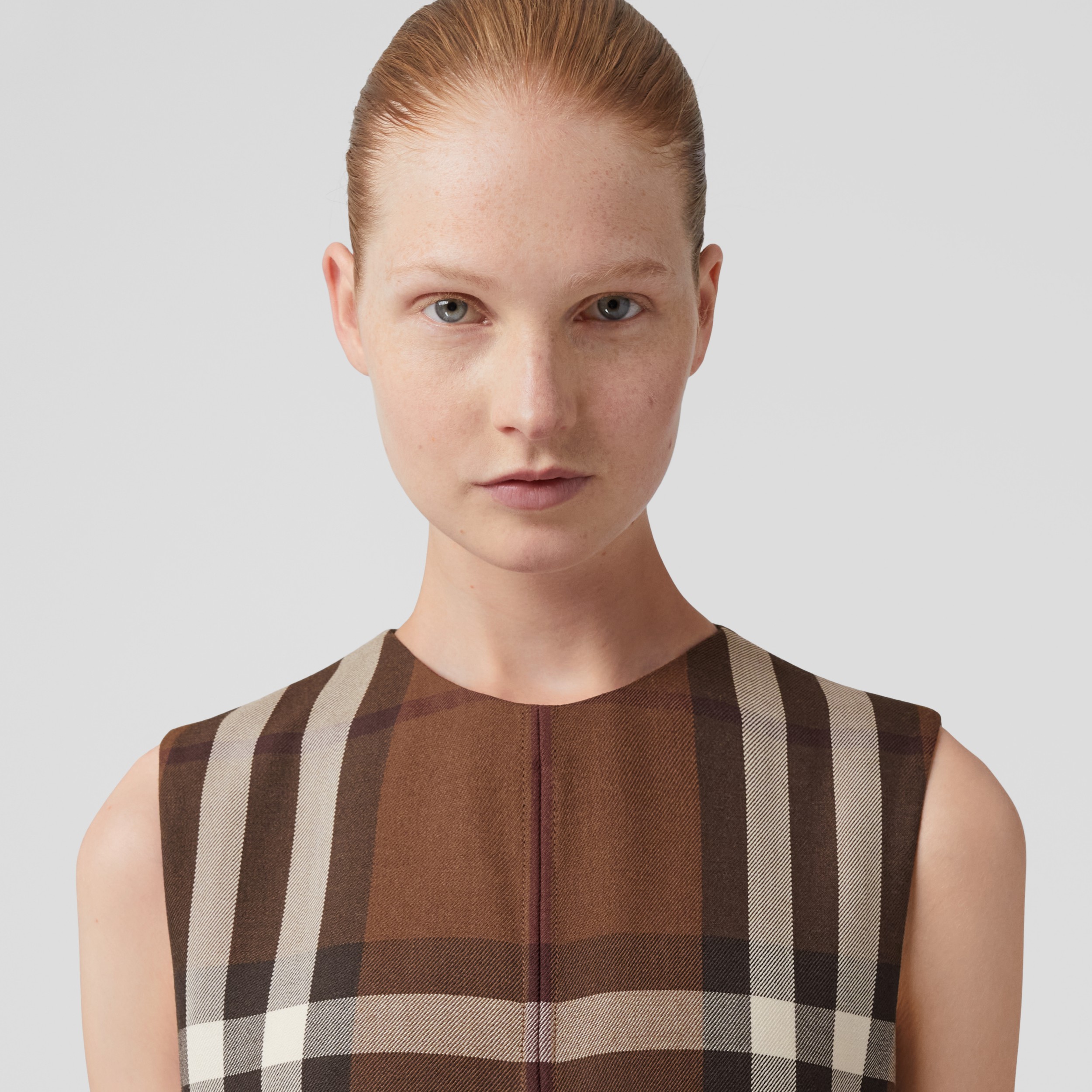 Sleeveless Check Wool Cotton Jacquard Dress in Dark Birch Brown - Women | Burberry® Official - 2