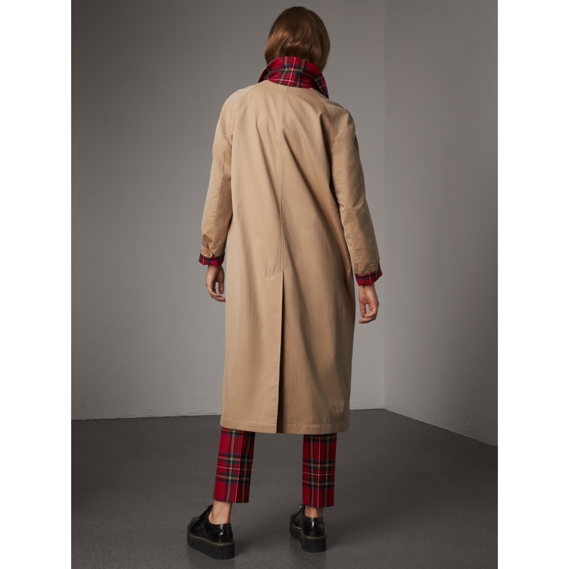 Reversible Gabardine and Tartan Wool Car Coat in Honey - Women ...