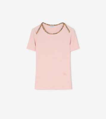 Check Trim Stretch Cotton T-shirt in Bouquet pink - Women | Burberry® Official
