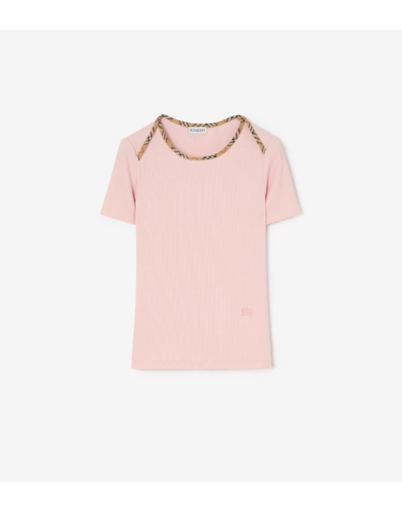 Stretchbaumwoll-T-Shirt mit Check-Besatz