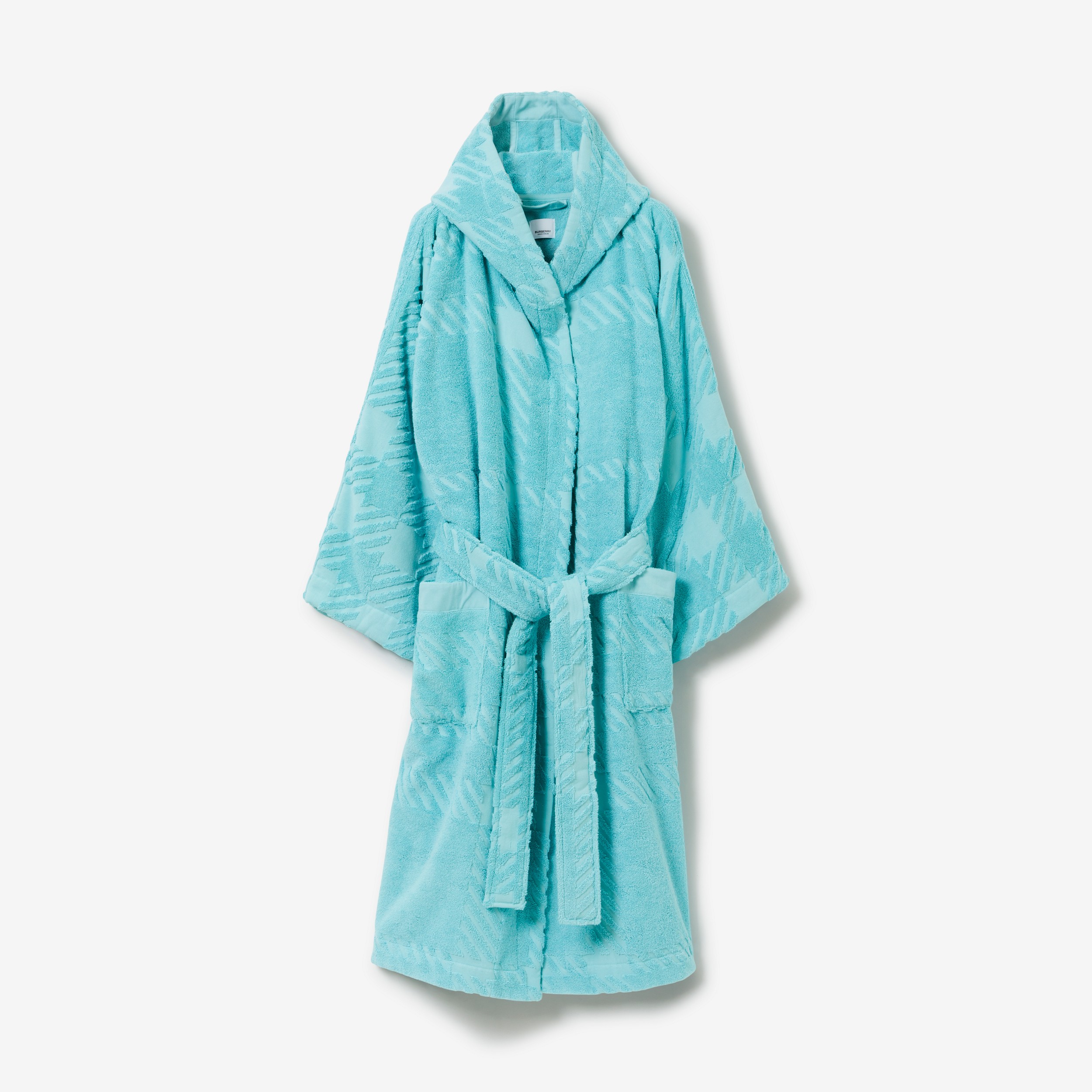 Check Cotton Jacquard Hooded Robe in Bright Blue Topaz | Burberry® Official - 1