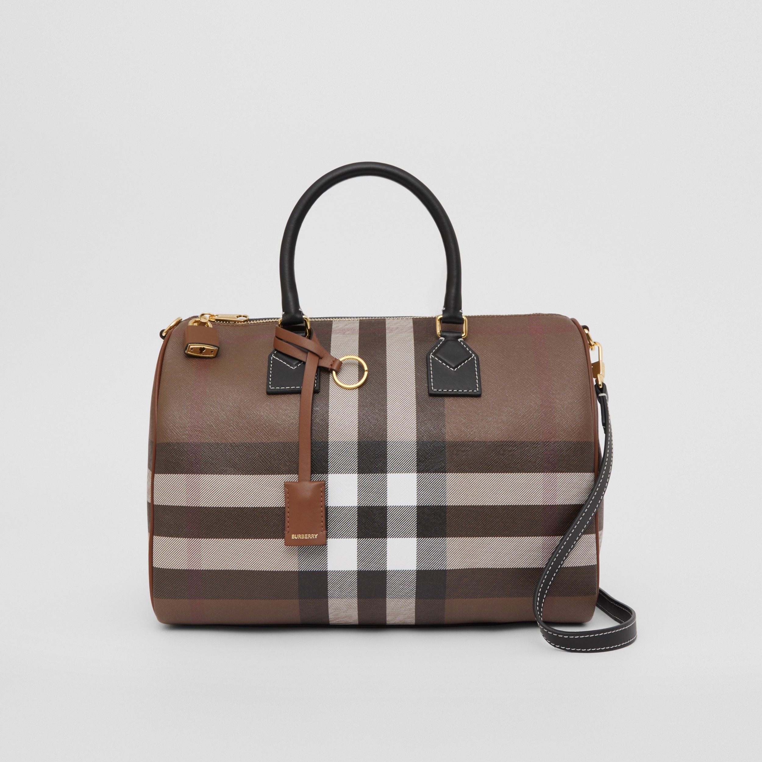 Check and Leather Medium Bowling Bag in Dark Birch Brown Women