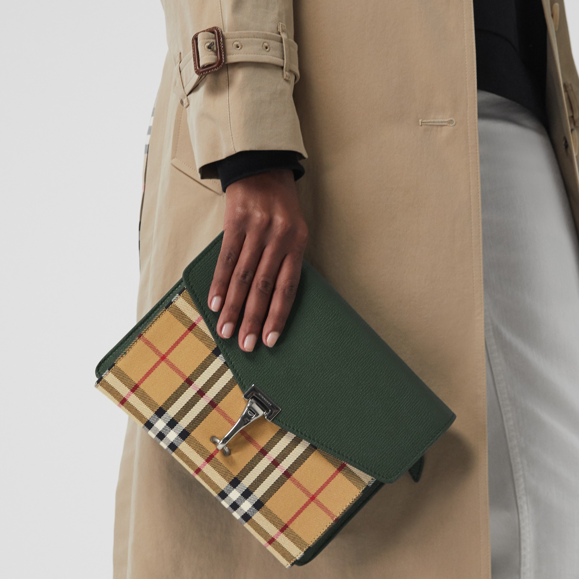 Small Vintage Check and Leather Crossbody Bag in Green Women