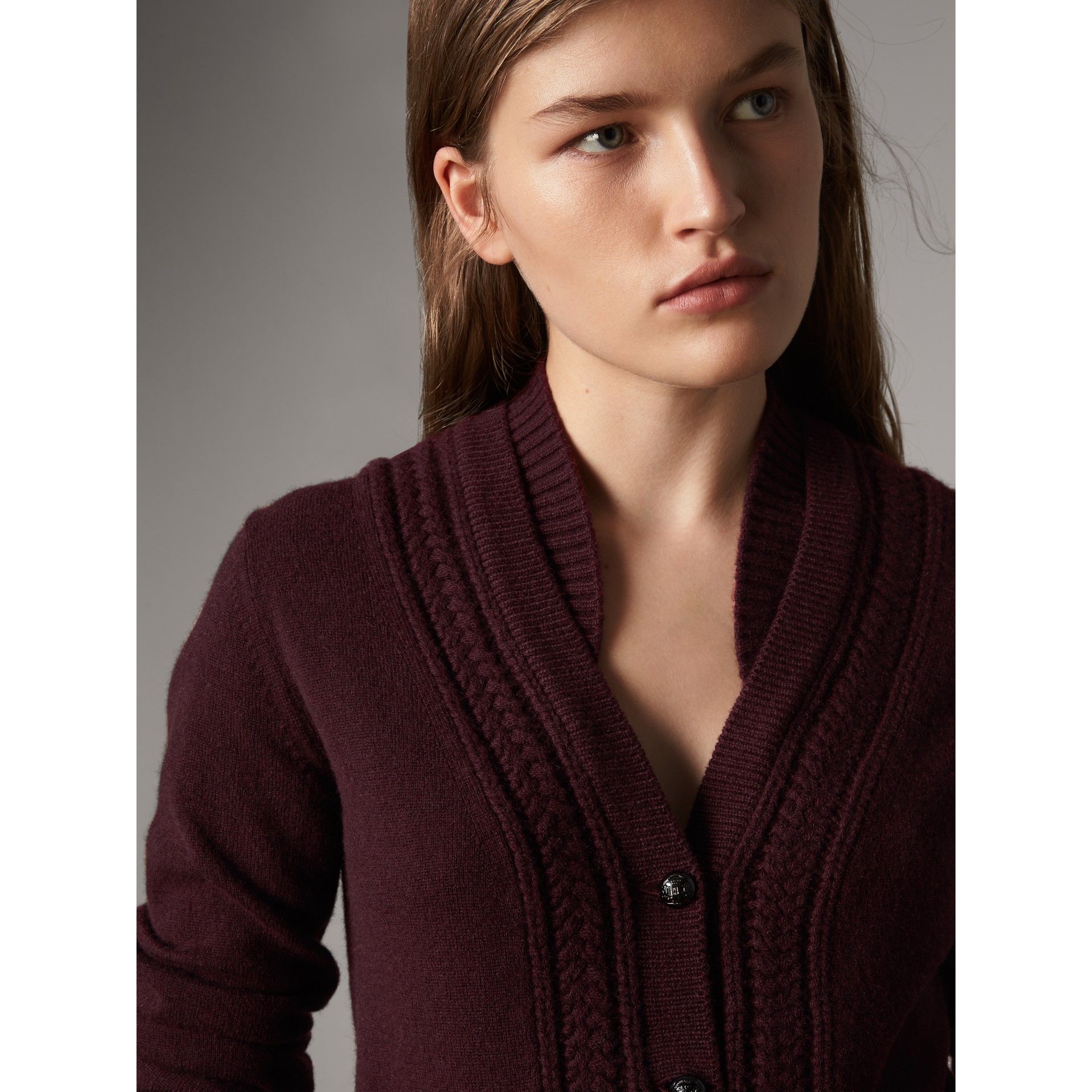 Cable Knit Detail Cashmere Cardigan in Deep Claret Women Burberry