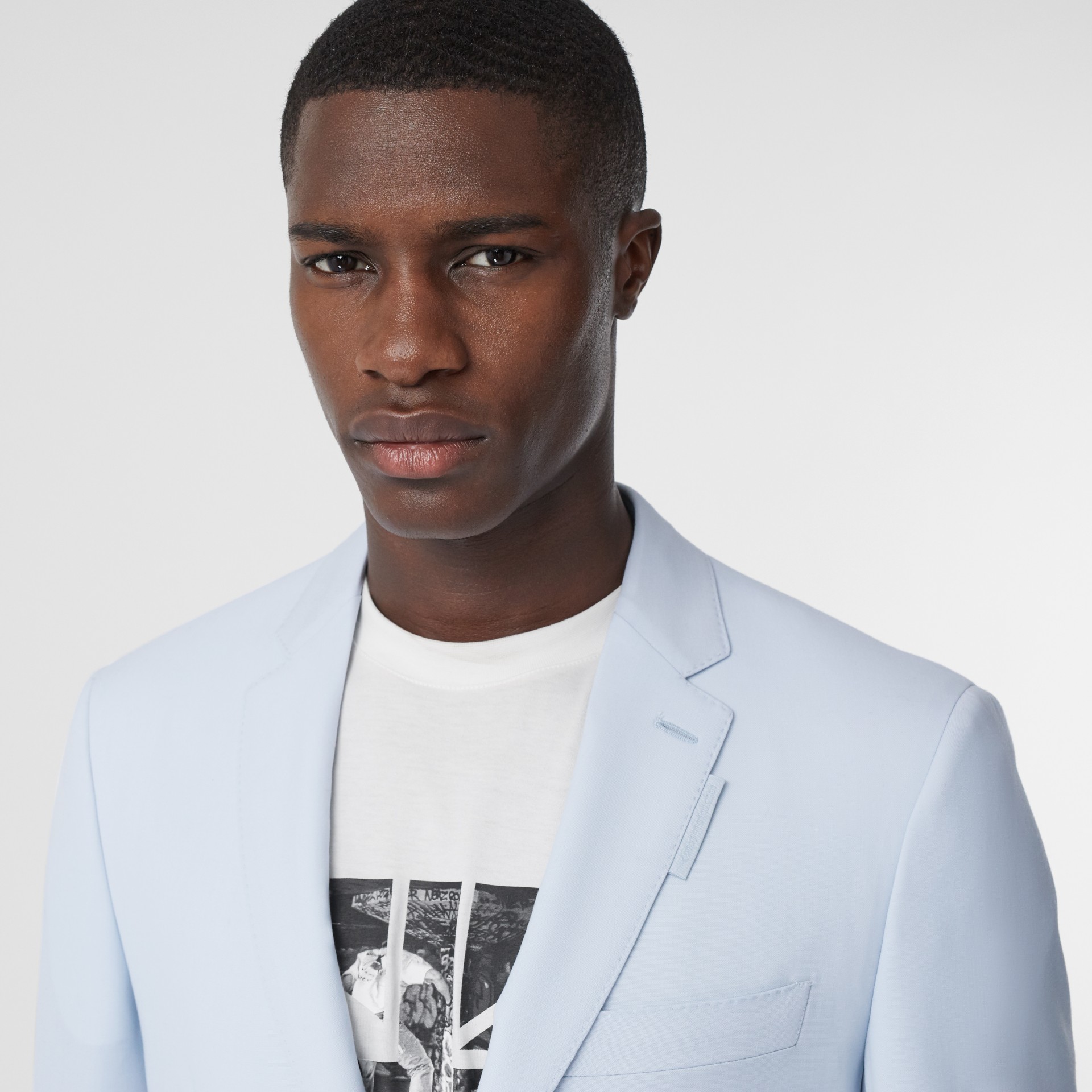 Slim Fit Pressstud Tumbled Wool Tailored Jacket in Pale Blue Men