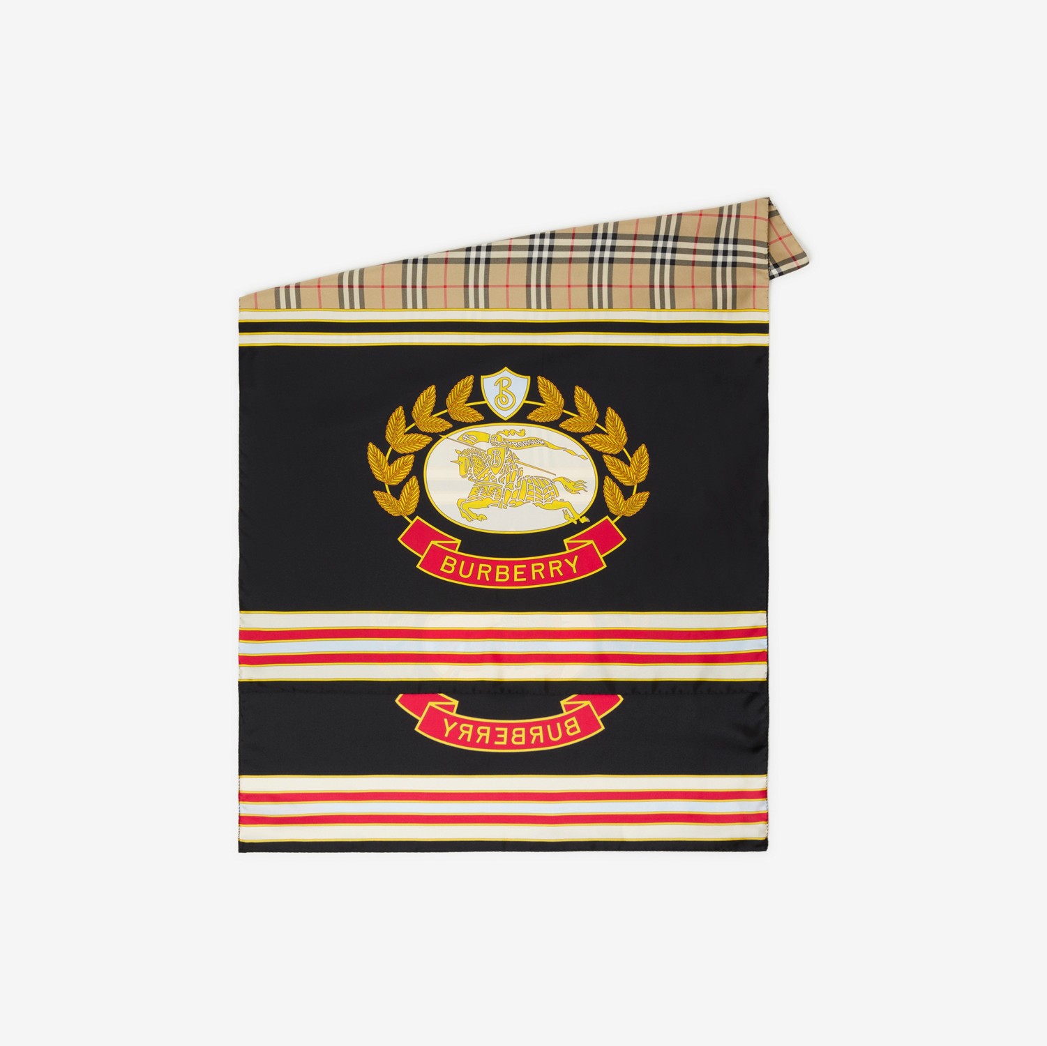 格纹拼马术骑士印花丝巾(典藏米色/ 亮红色) | Burberry® 博柏利官网