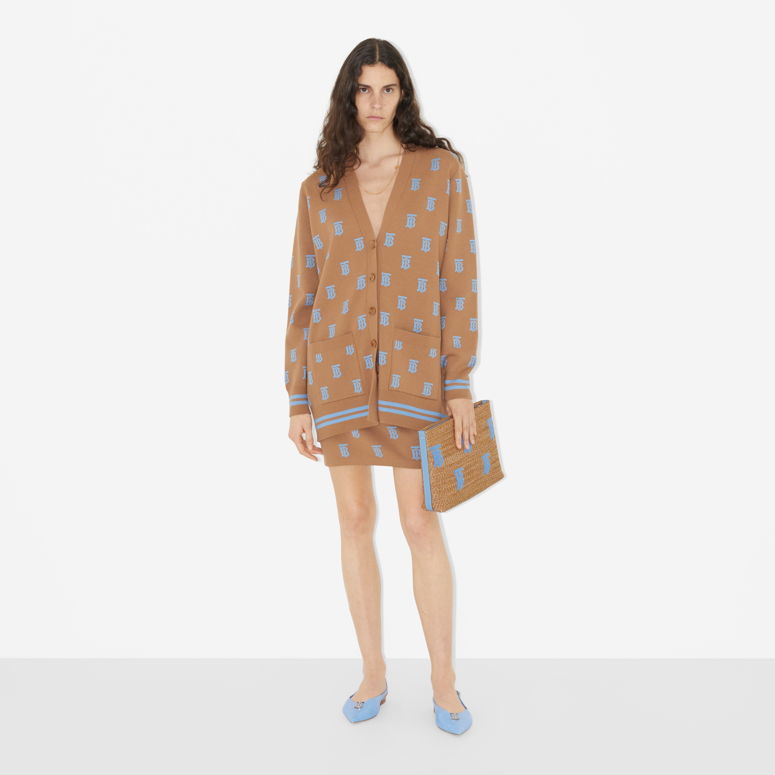 Monogram Raffia-effect Zip Pouch in Natural/cornflower Blue - Women | Burberry® Official - 4