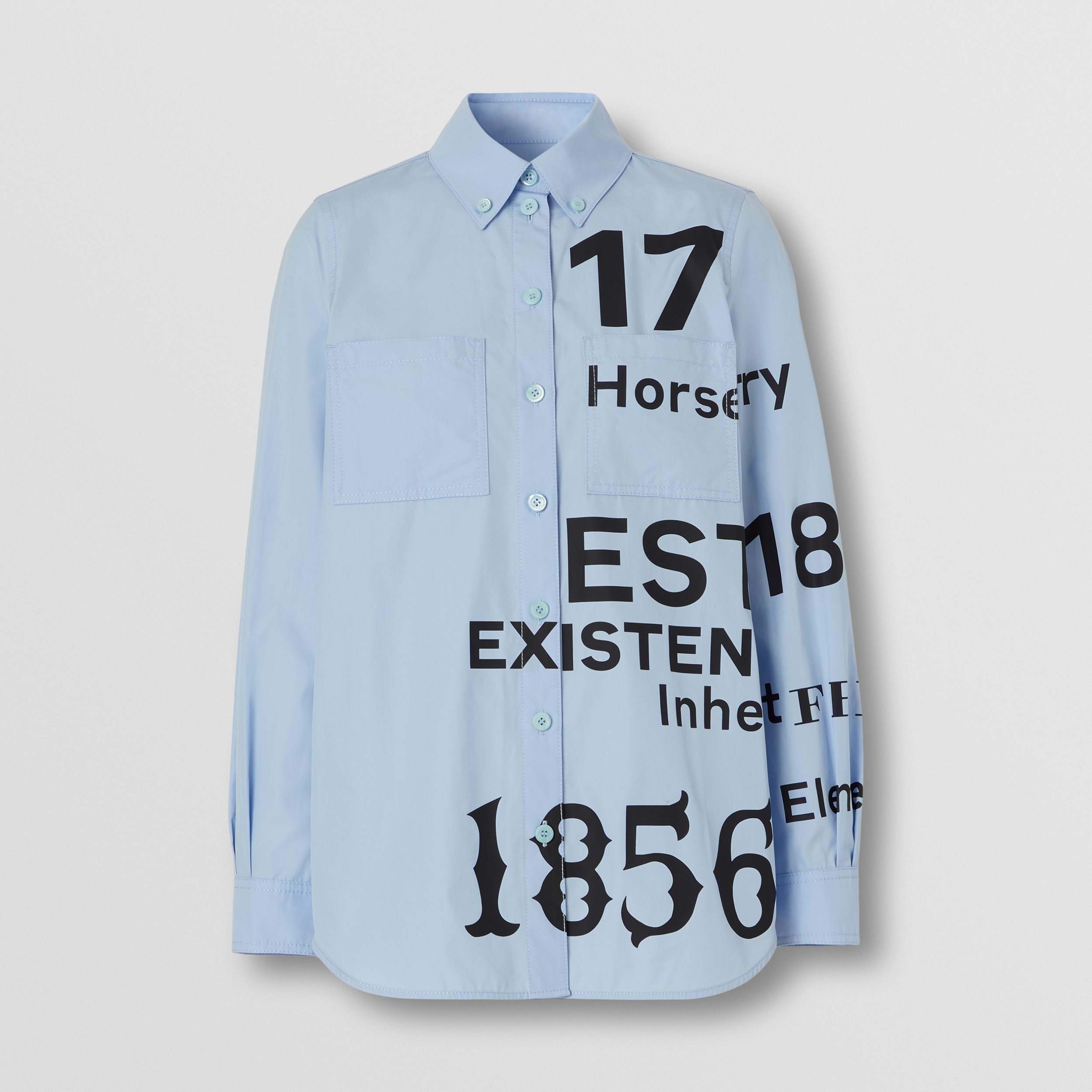 Button-down Collar Horseferry Print Cotton Shirt in Sky Blue - Women | Burberry® Official - 4