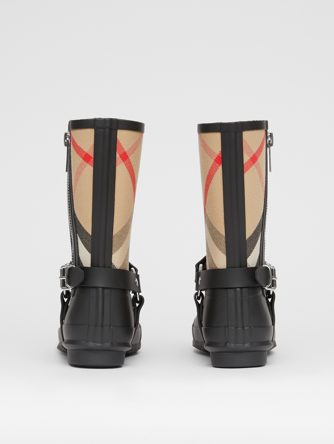 Strap Detail House Check Rubber Rain Boots in Black/archive Beige