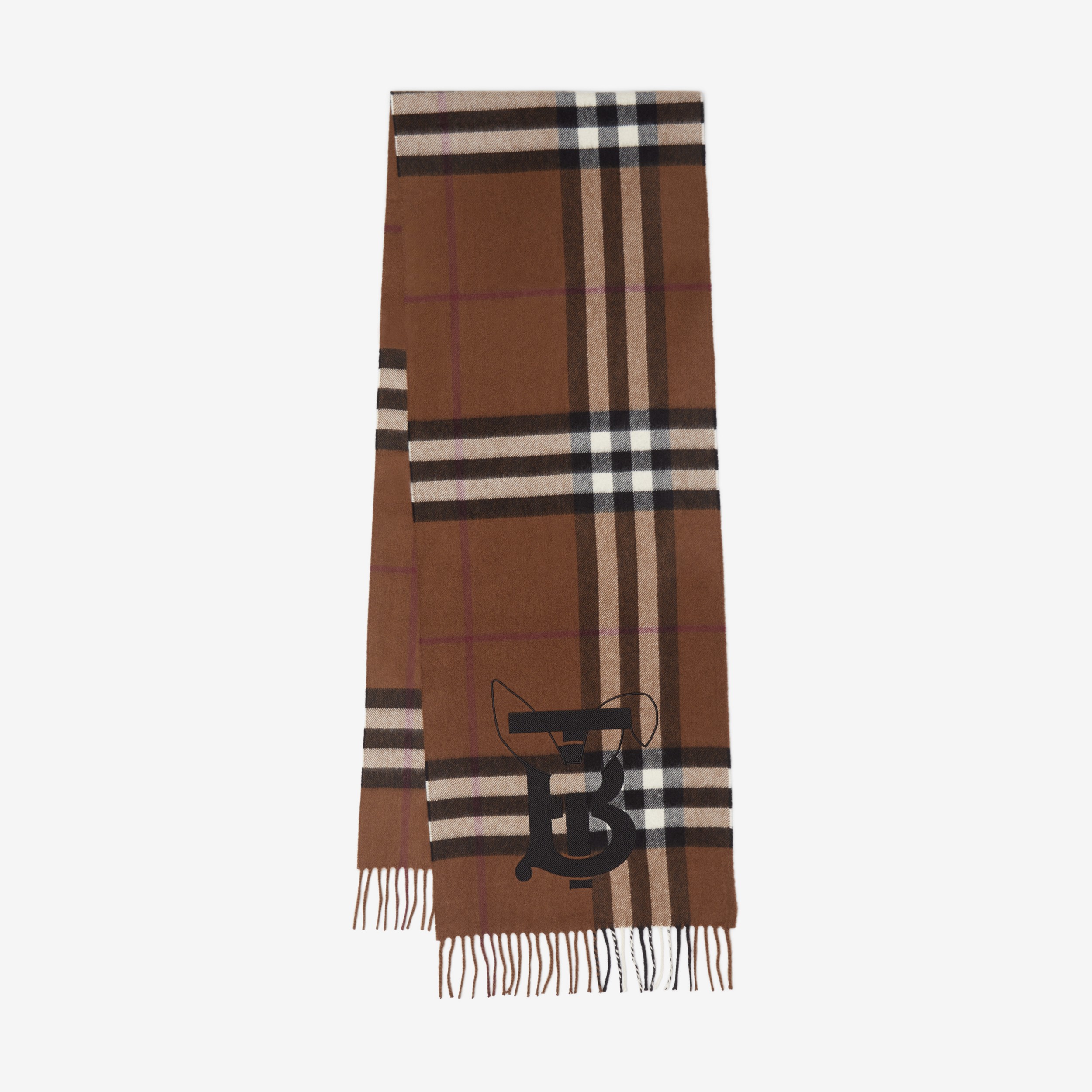 Embroidered Rabbit Check Cashmere Scarf in Dark Birch Brown | Burberry® Official - 1