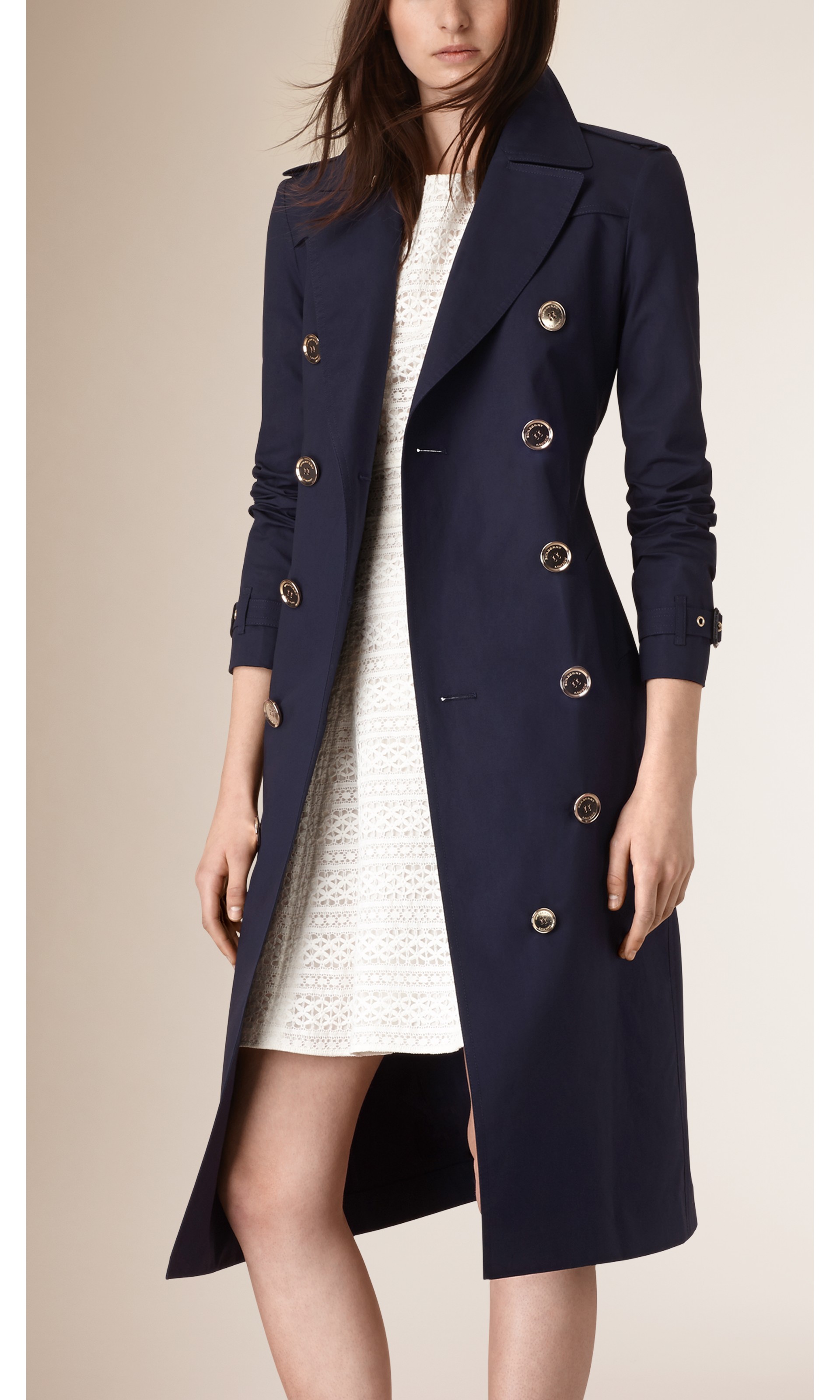 Cotton Trench Coat with Gold-tone Button Detail in Navy - Women ...