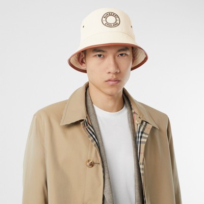 Leather Trim Logo Graphic Cotton Bucket Hat in Beige | Burberry® Official