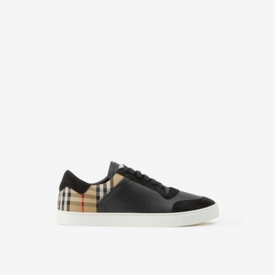 Burberry Black Sneakers With Suede Details And Check Motif In Leather Blend Man In Black/archive Beige