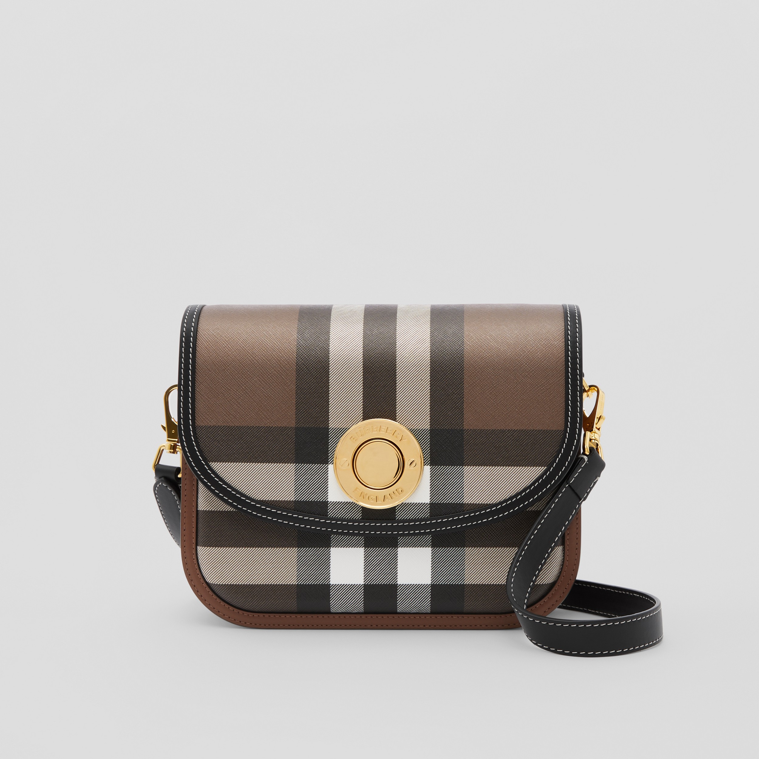 Check and Leather Medium Elizabeth Bag in Dark Birch Brown - Women | Burberry® Official - 1