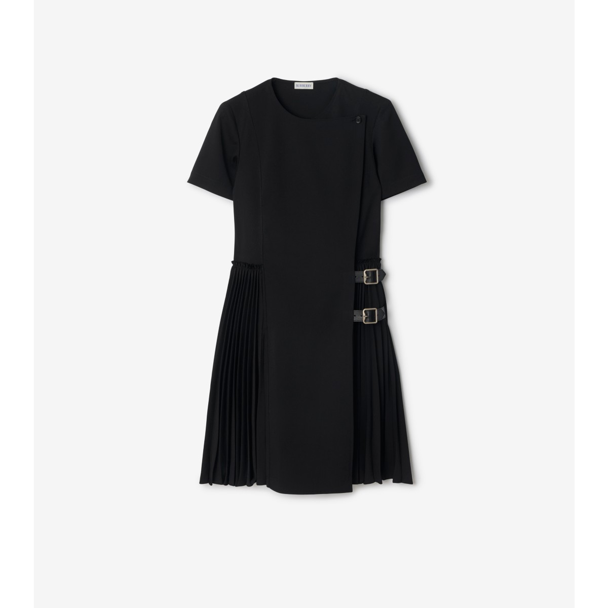 Burberry Virgin Wool Dress With Pleated Skirt And Buckles In Black