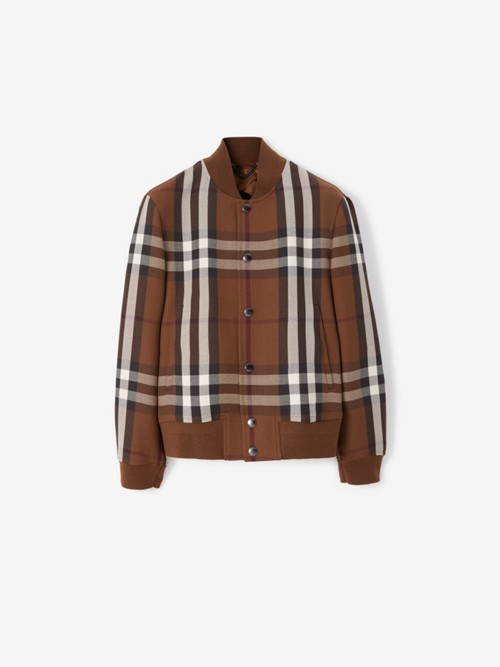Shop Burberry Check Wool Cotton Bomber Jacket In Dark Birch Brown