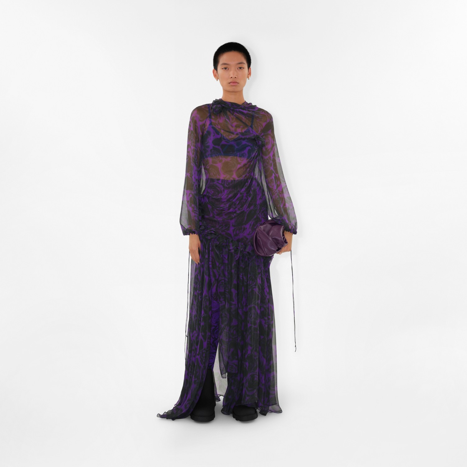 로즈 프린트 실크 드레스 (바인) - 여성 | Burberry®
