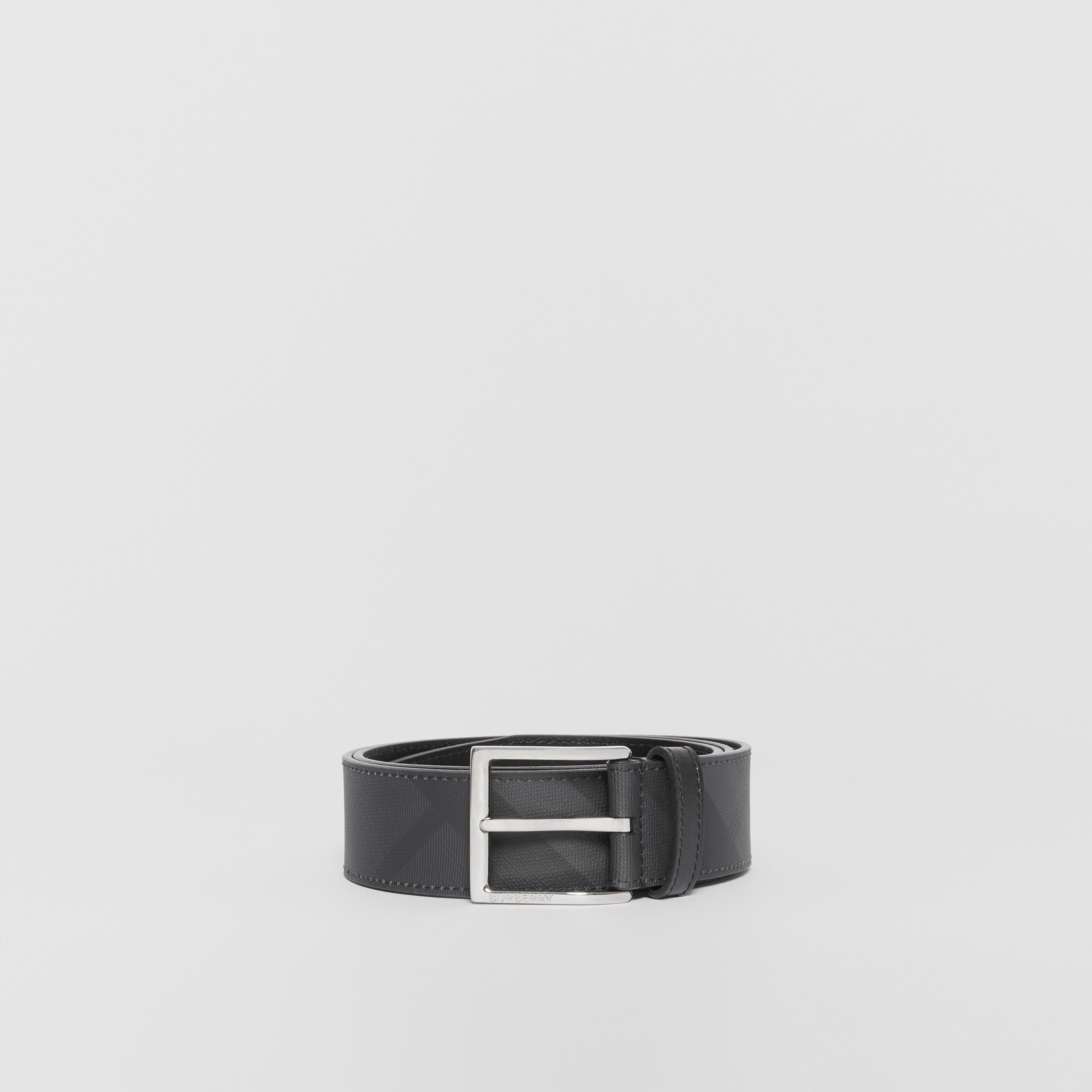 London Check and Leather Belt in Dark Charcoal/black - Men 