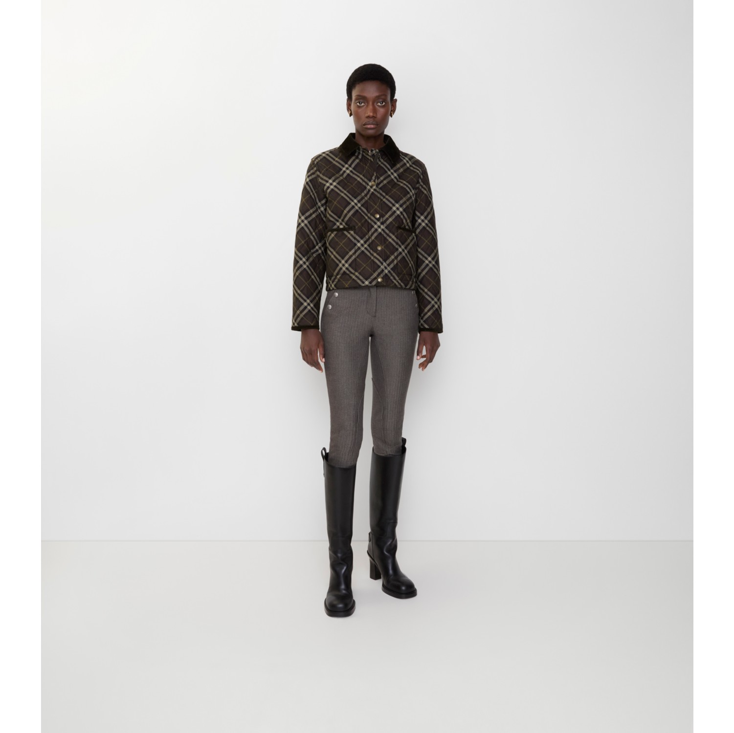 Cropped Check Quilted Cotton Jacket in Truffle brown - Women