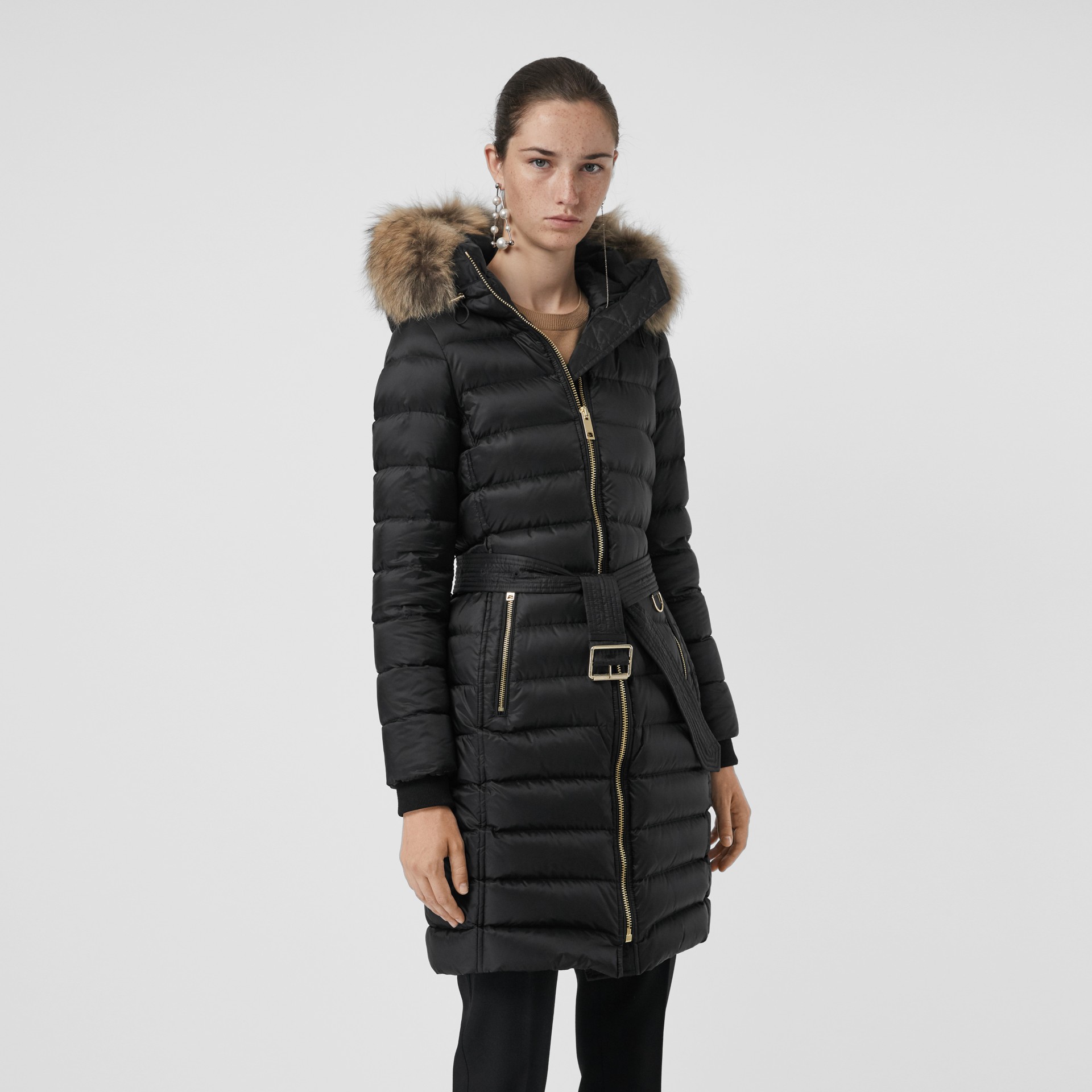 Detachable Fur Trim Down-filled Puffer Coat with Hood in Black - Women ...