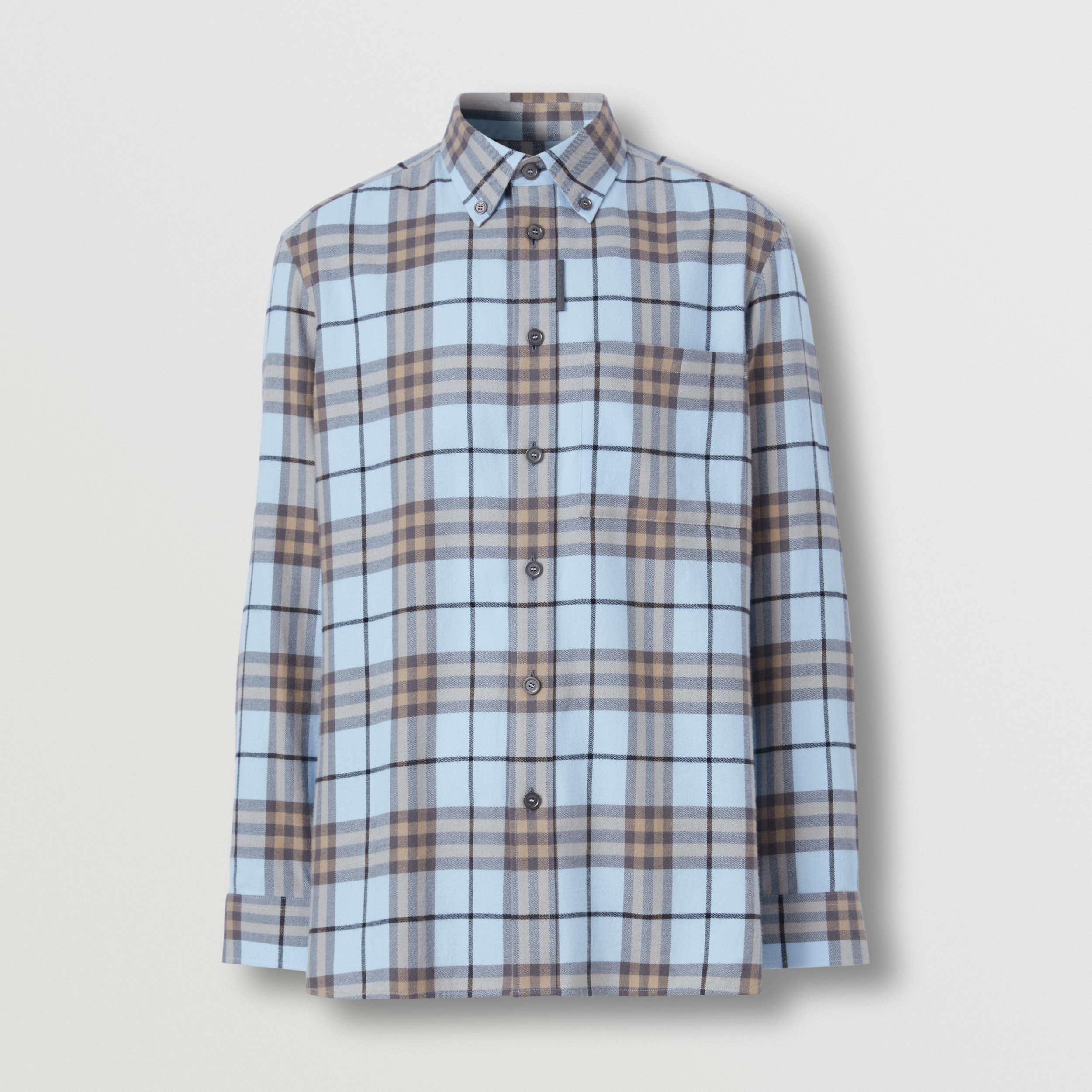 Buttondown Collar Check Cotton Flannel Shirt in Pale Blue Men