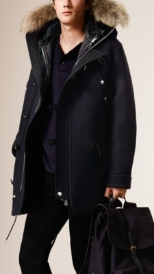 Fur-trimmed Wool Blend Parka with Warmer