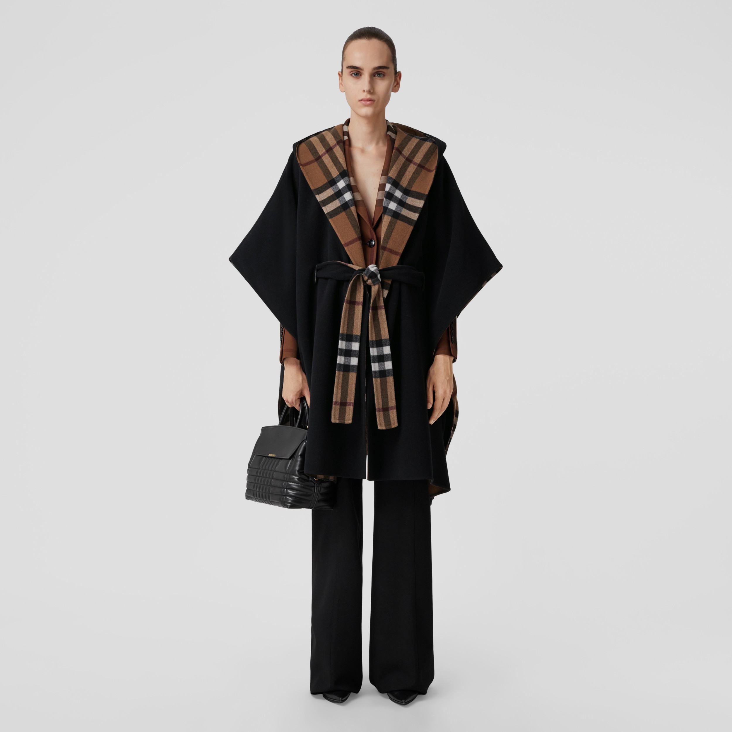 Reversible Check Wool Hooded Cape in Birch Brown | Burberry® Official - 1