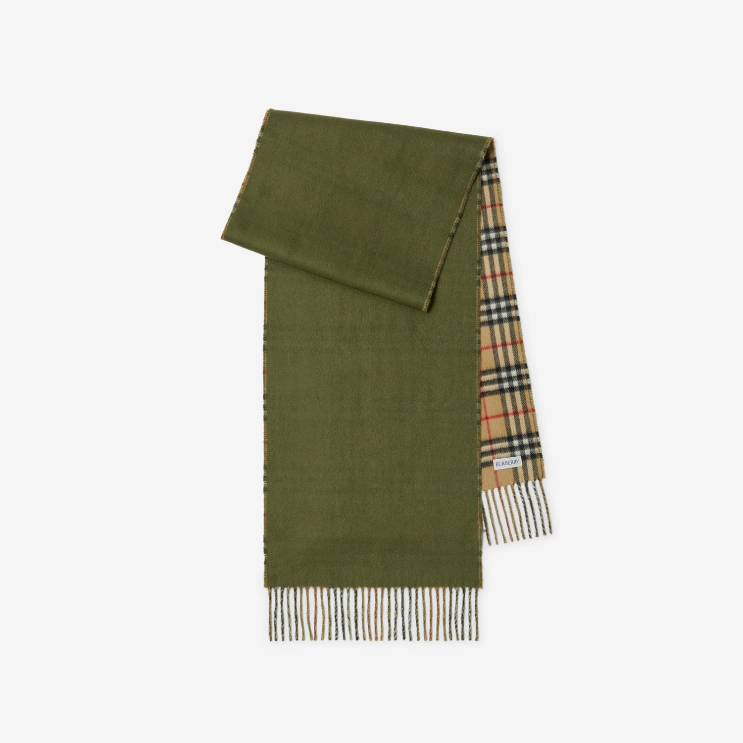 双面两用格纹羊绒围巾 (灌木绿) | Burberry® 博柏利官网