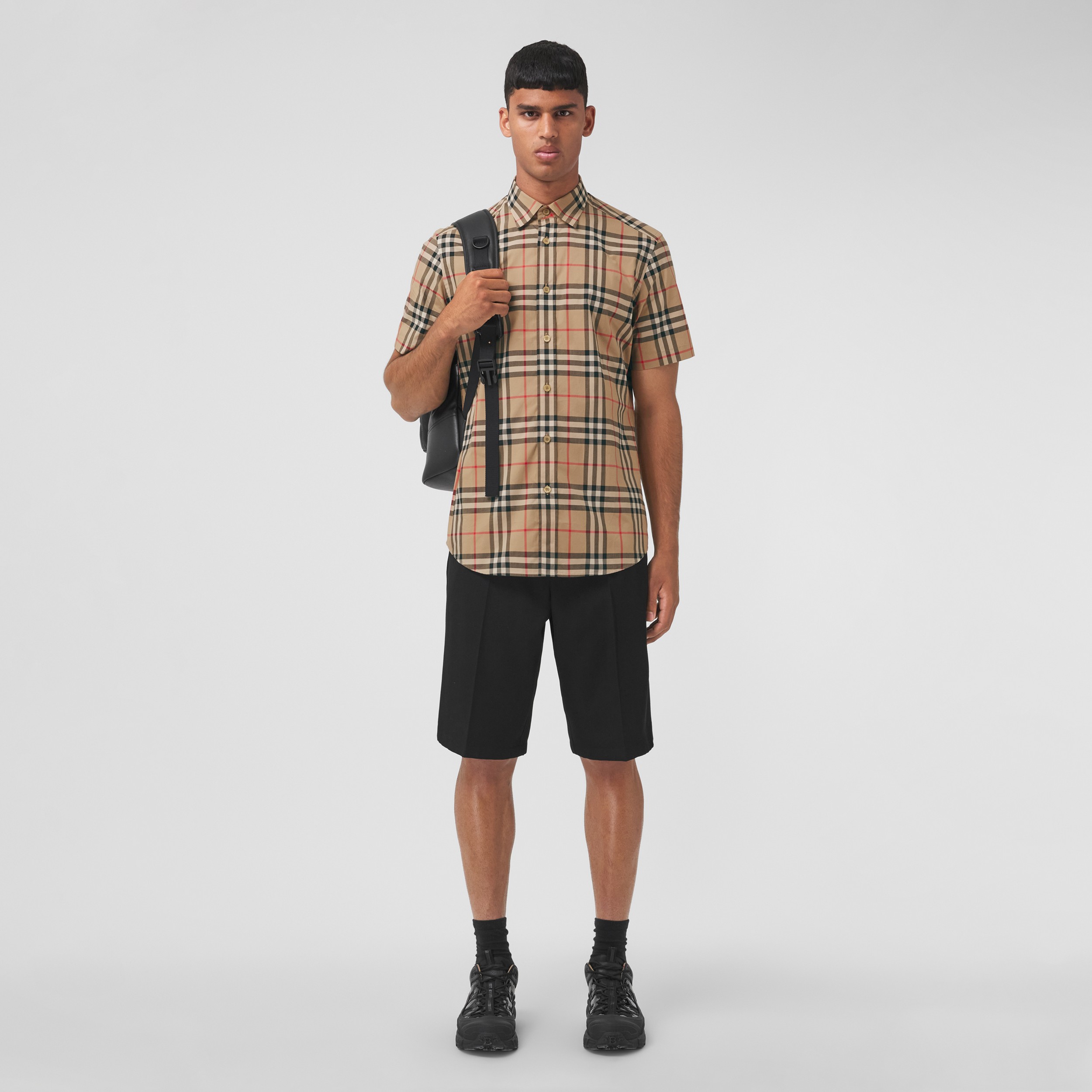 쇼트 슬리브 체크 코튼 포플린 셔츠 (아카이브 베이지) - 남성 | Burberry® - 4