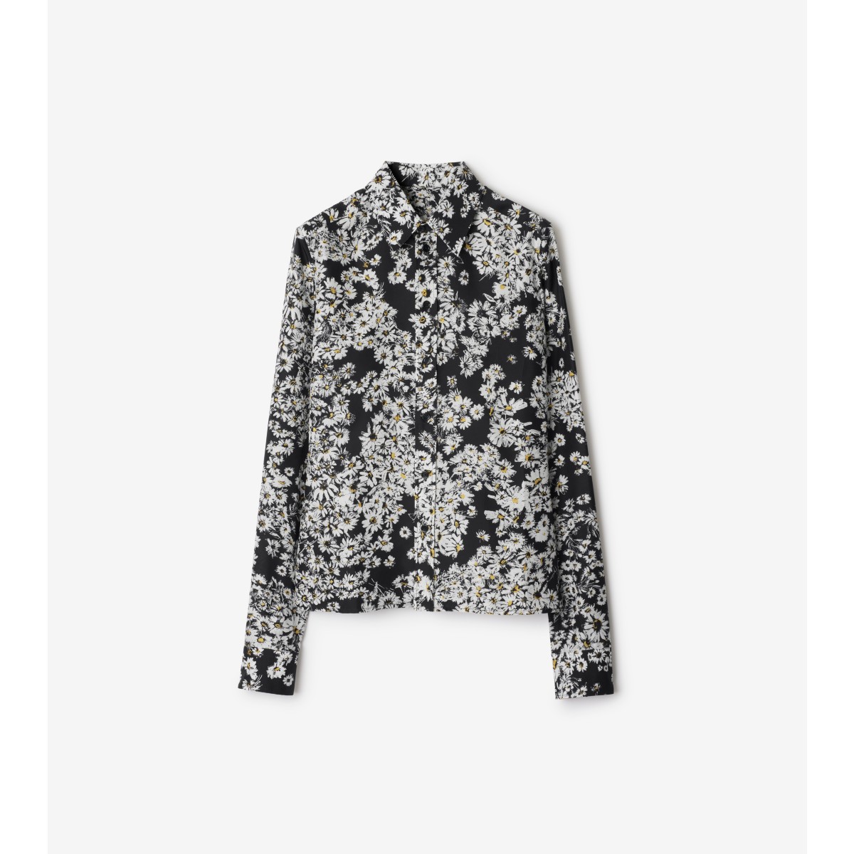 Burberry Flower Print Button Down Silk Top In Black