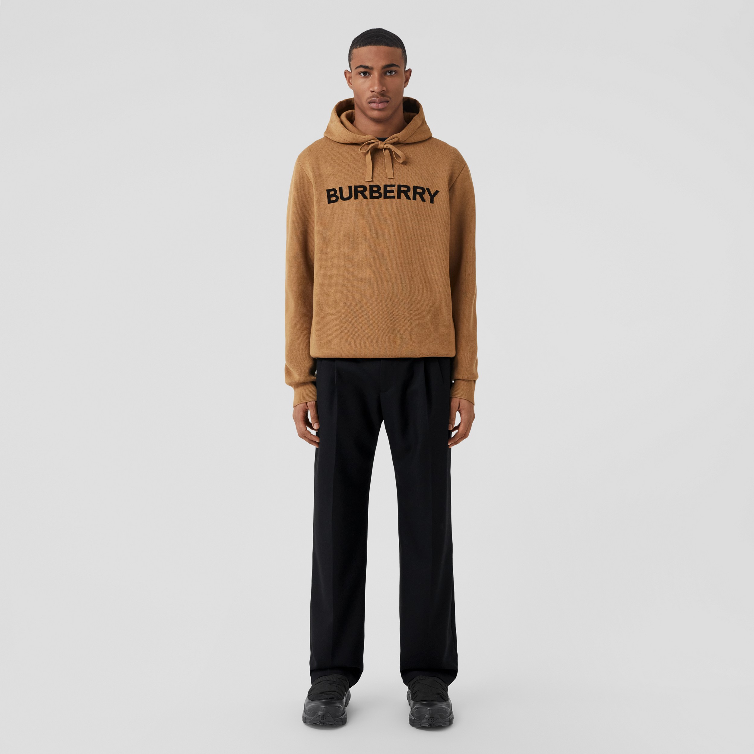 Logo Intarsia Wool Cotton Oversized Hoodie in Camel - Men | Burberry® Official - 1