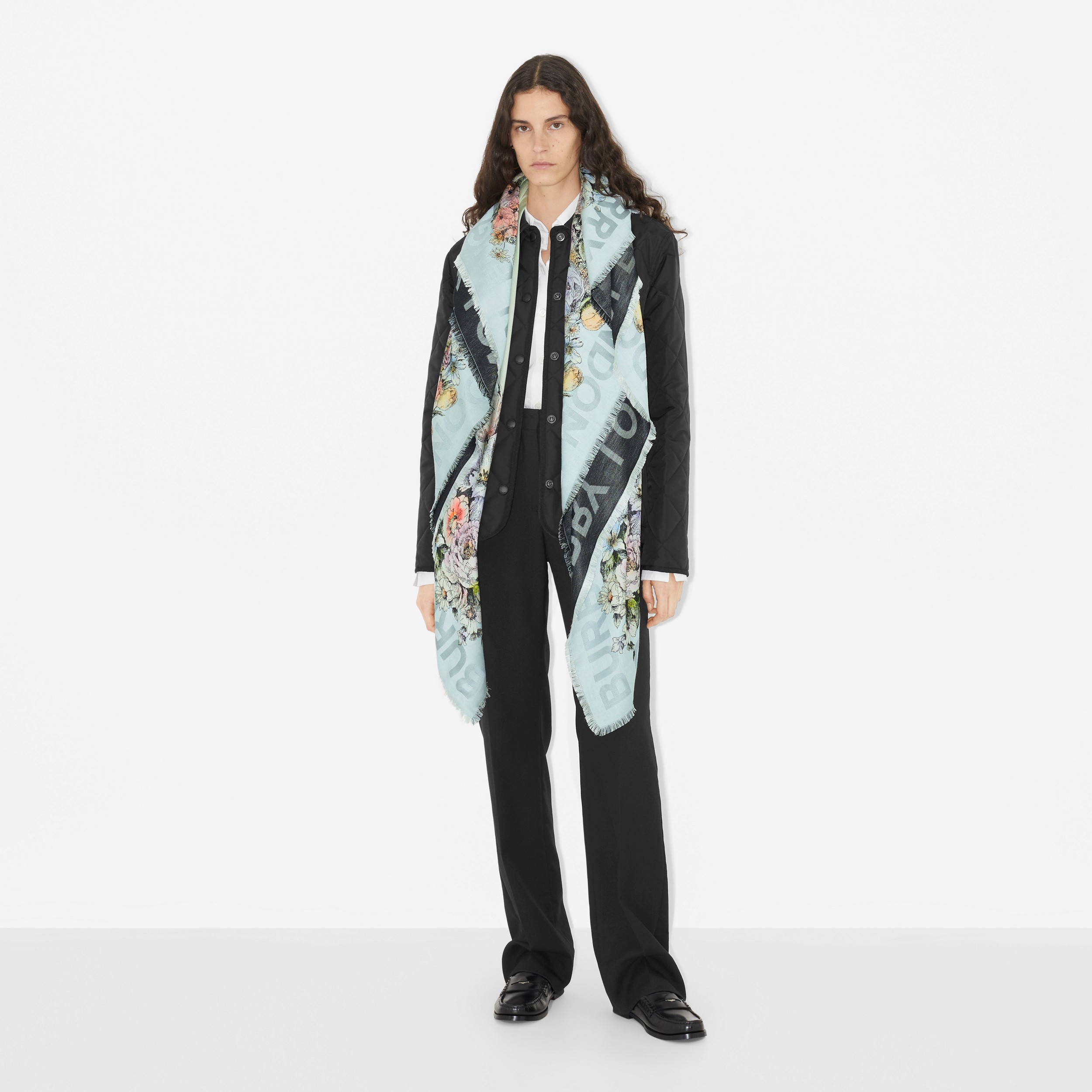 Floral Print Silk Large Square Scarf in Pale Blue | Burberry® Official - 3